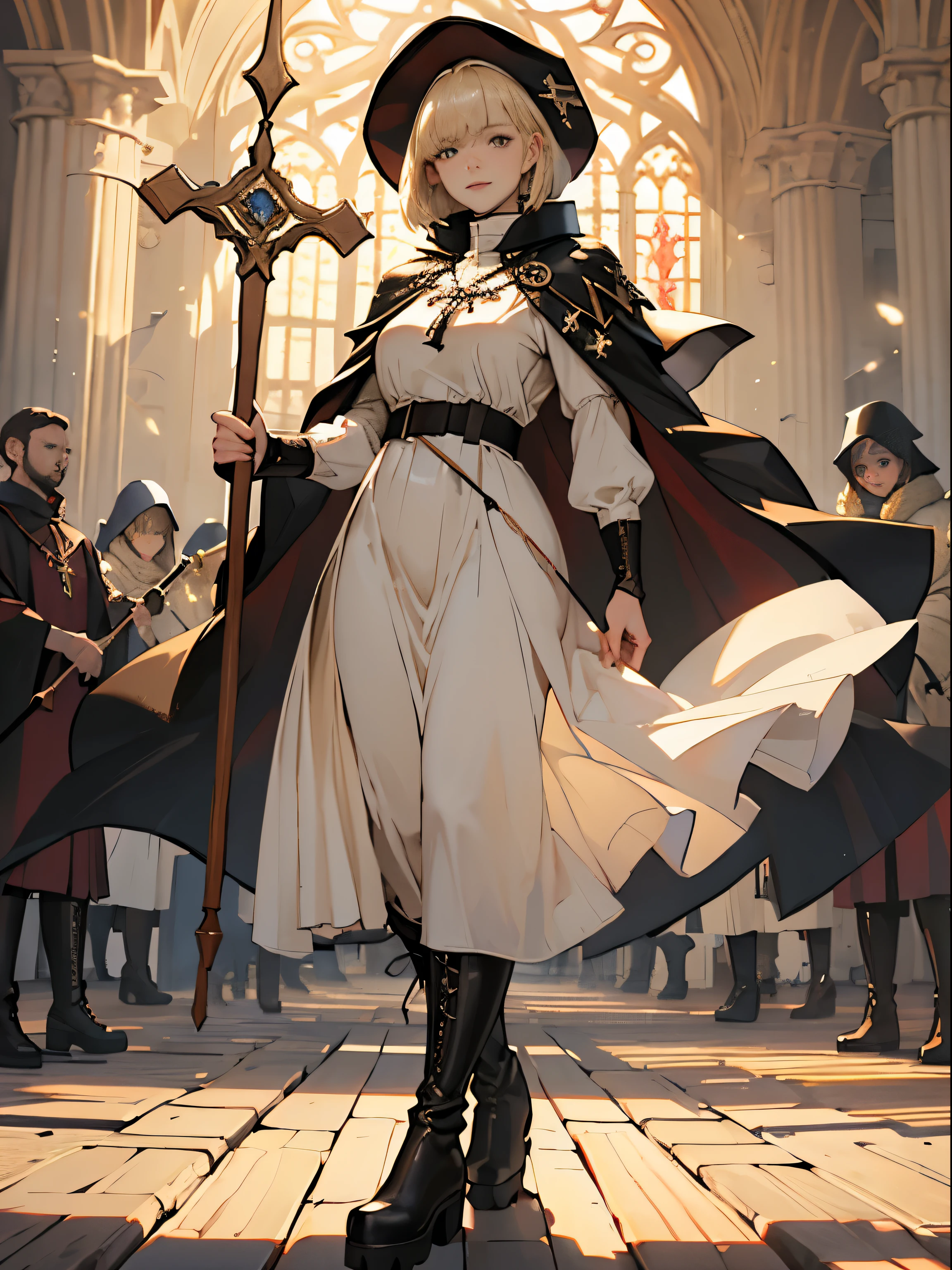 masterpiece, super detailed, 8K portrait, RAW photo, portrait photography, highly detailed face, beautiful and detailed eyes, ((fantasy)), young and beautiful, dynamic pose, kind face, smile, (((Short bob blonde hair, bangs))), ((priest)), white skin color, simple and simple girl, Wooden Necklace, Clergy's hat, (((long cloak))) fluttering in the wind, (((dark dull red oversized priest tunic))), (((long skirt)), (((Low boots))), ((holding a long wooden cane)), Large shoulder bag, midday sun, surreal, body model, big breasts, beautiful breasts, long legs, in the crowd, environmental lighting, shadow details , Focus the camera on the thigh, strong wind, light fog