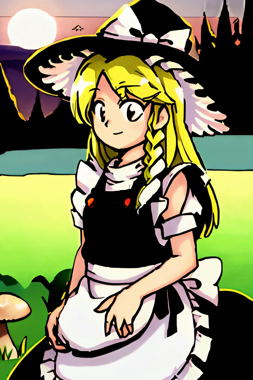 marisa,upper body,smile,forest,mushrooms,black hat,white ribbon,maid dress,long blonde hair,single side braid,sunset,