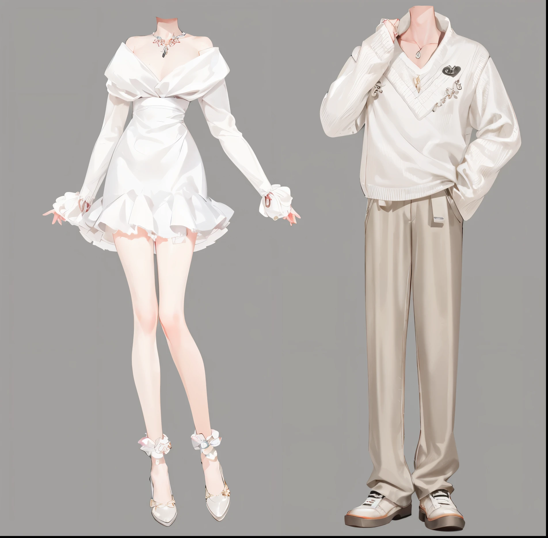 动漫风格插图的一个男人和一个穿着White clothes的女人, Very detailed and rich costumes, Moon themed clothing, Detailed clothes, White clothes, Costume design, clear Costume design, fashion concept art, clothing concept, in White clothes, full body details, clothes high detail, Diverse clothing, Wear long, flowing clothes, Casual white clothing, realistic clothing
