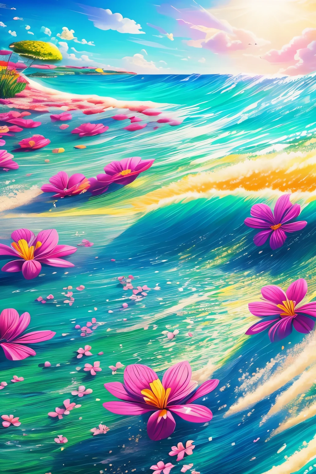 best quality, incredibly absurdres, extremely detailed, huge amount of colorful flower petals fly up and down in the wind, clear skies, sunshine, motion-blur, action-lines