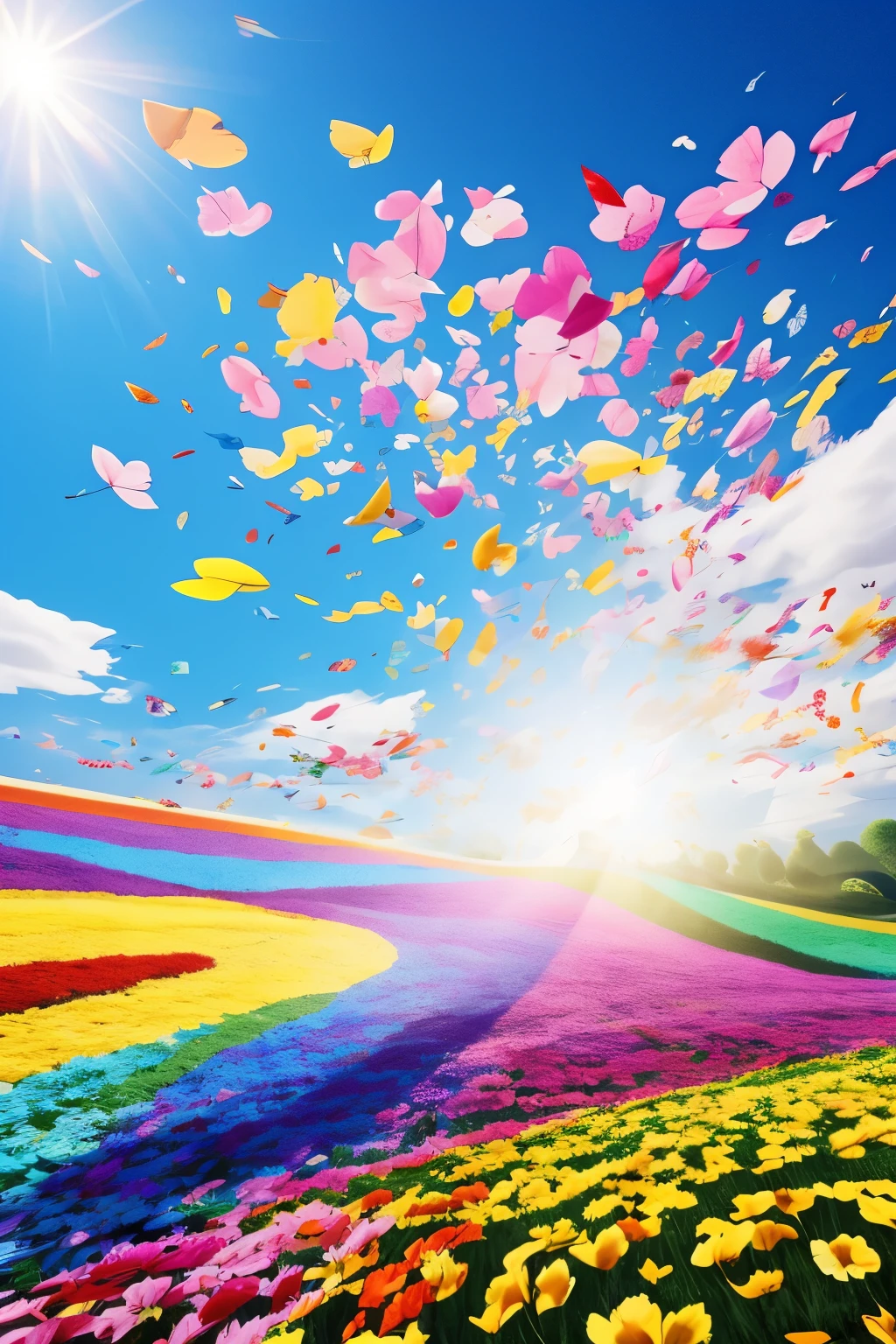 best quality, incredibly absurdres, extremely detailed, huge amount of colorful flower petals fly up and down in the wind, clear skies, sunshine, motion-blur, action-lines