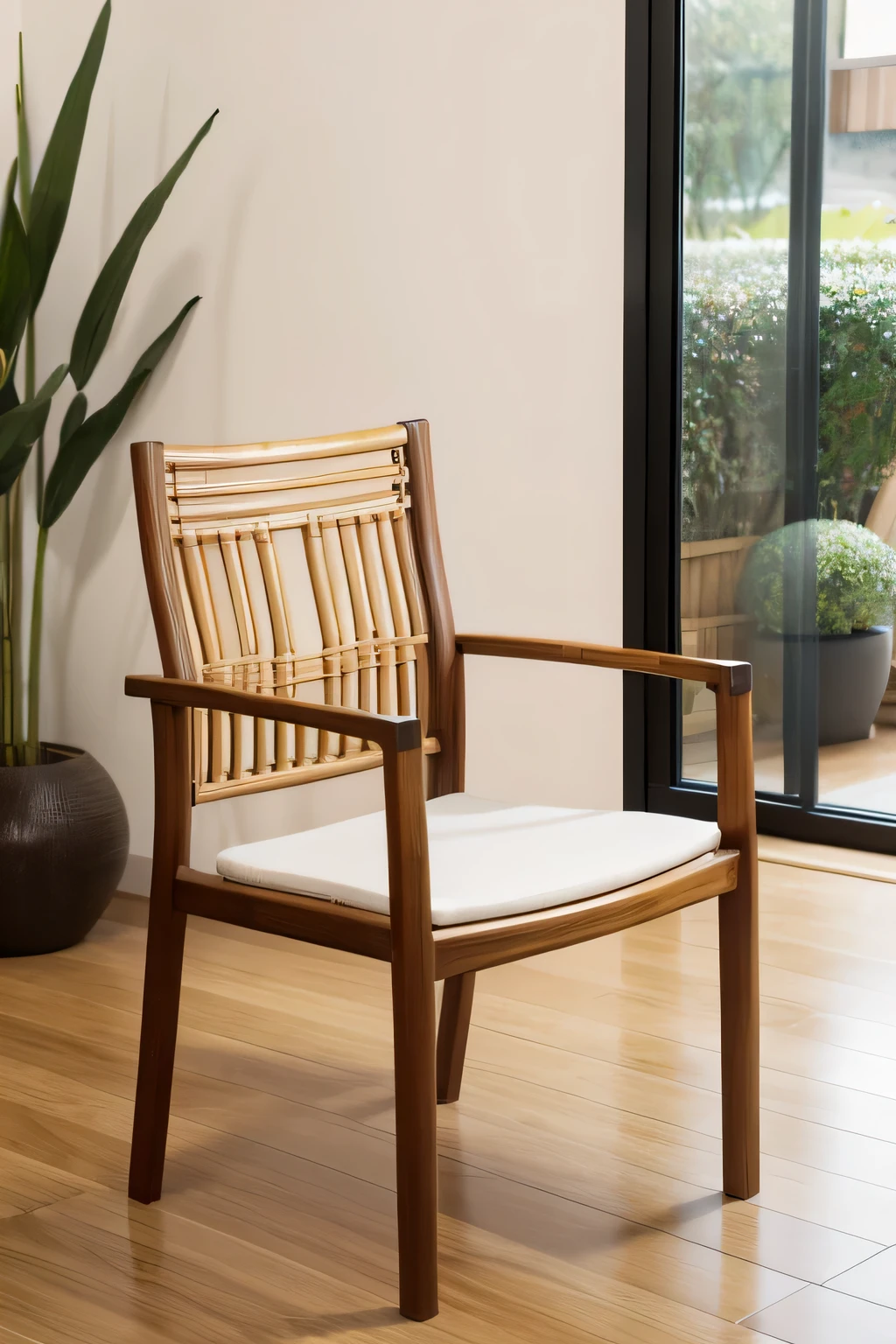 1 Modern Style Bamboo Chair Design，The main body is bamboo，There are handrails，diagonally forward，no background，No decoration，no humans