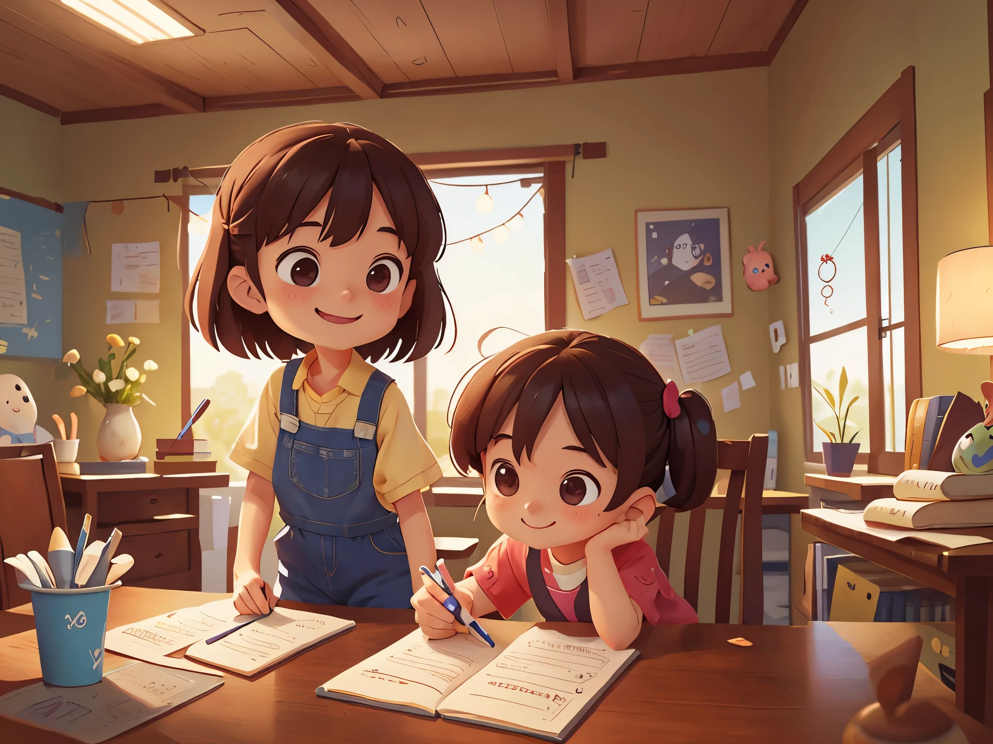 妈妈陪可爱的???write homework,table,study,write homework,Smile,Pixar style, best quality, stills,