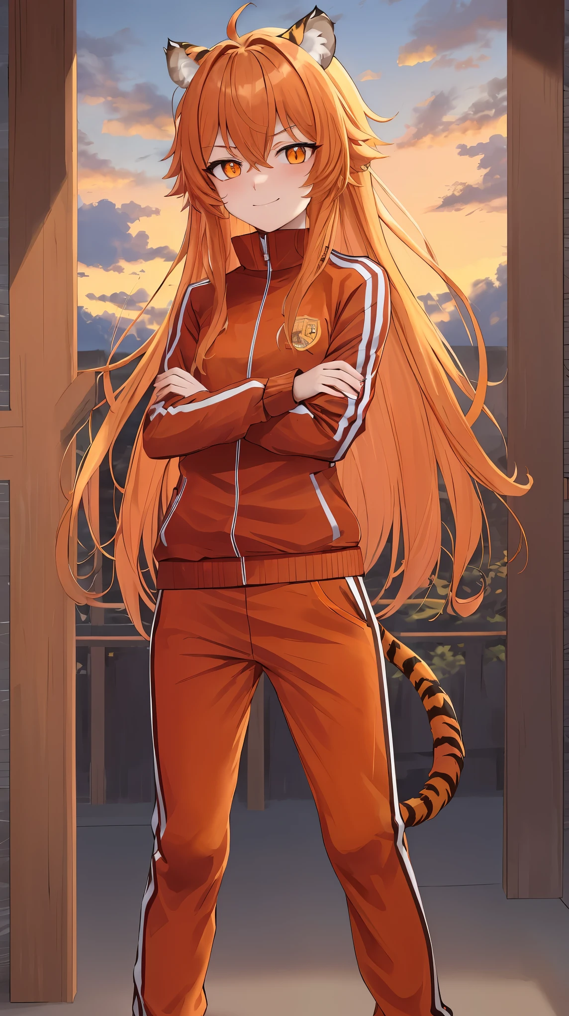 (masterpiece), best quality, expressive eyes, perfect face, tiger girl, tiger ears, tiger tail, long hair, bushy hair, orange hair, orange eyes, orange tracksuit, morning, cloudy, outside, small smile, crossed arms