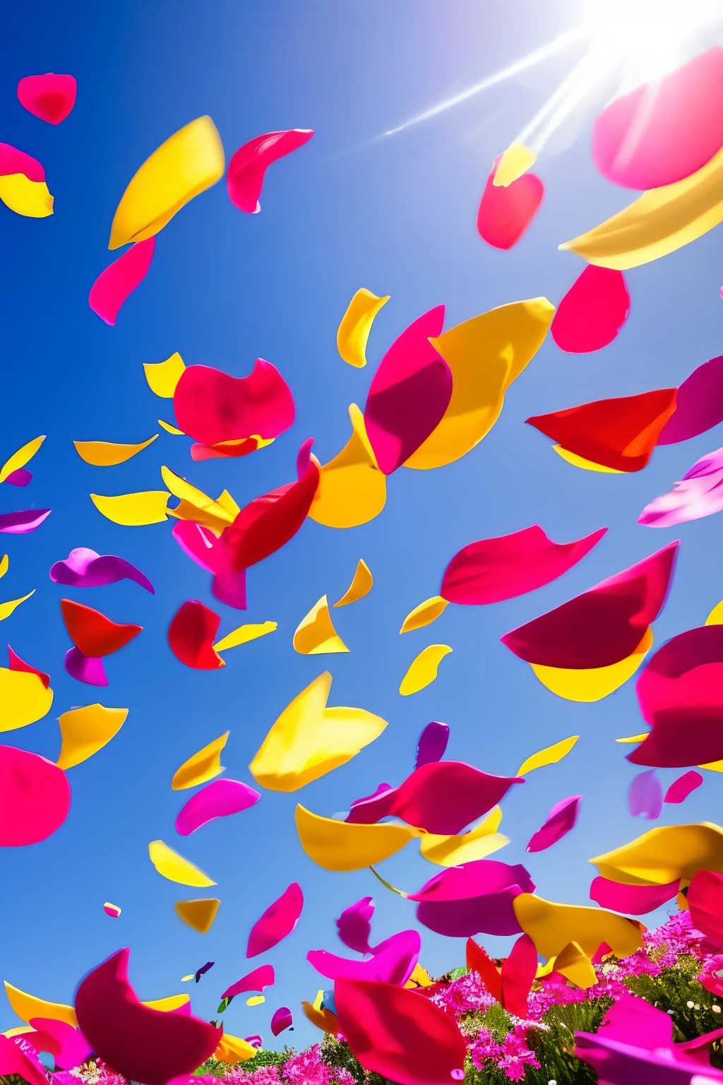 best quality, incredibly absurdres, extremely detailed, huge amount of colorful flower petals fly up and down in the wind, clear skies, sunshine, motion-blur, action-lines