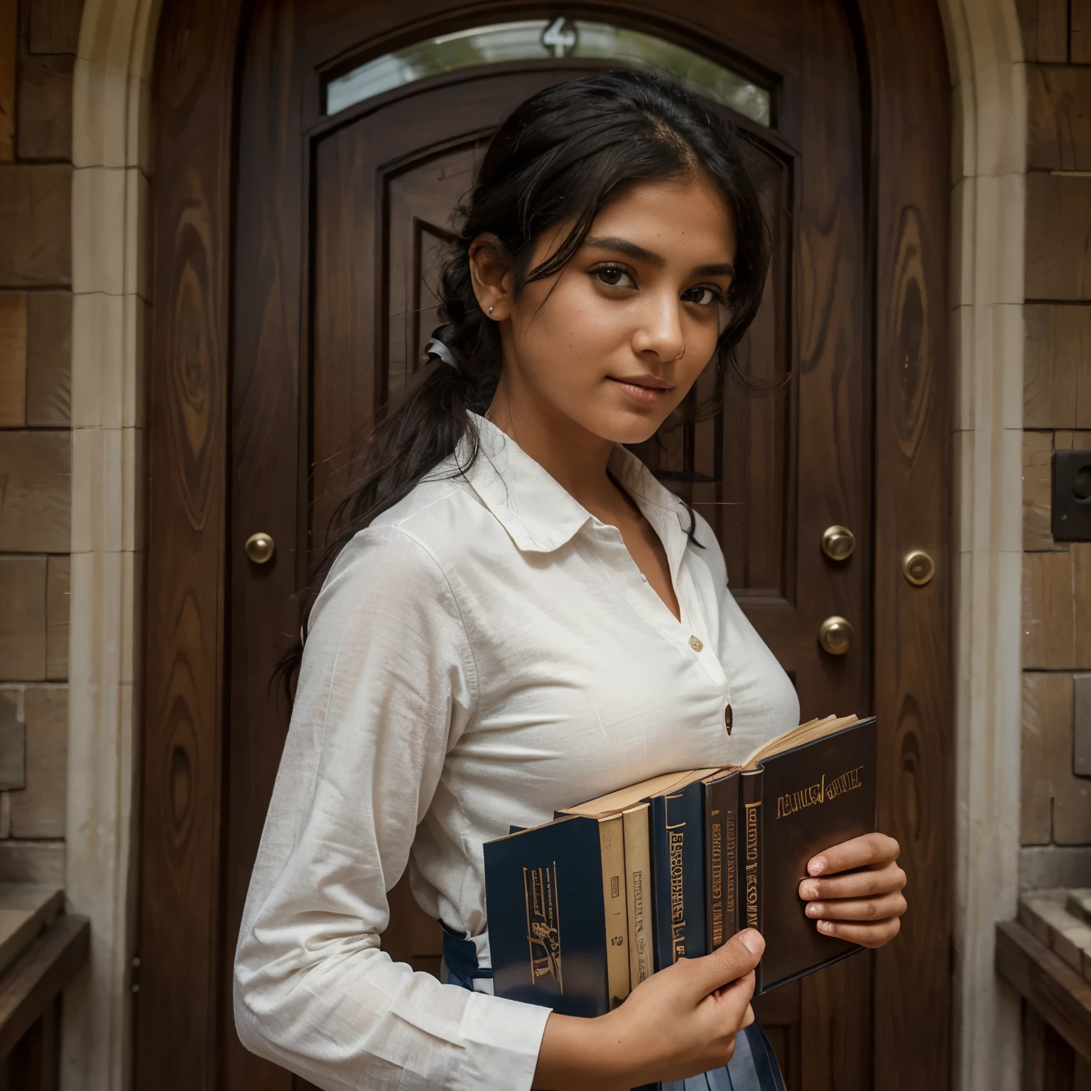 A Kerala girl, her features framed by the college door behind, stands poised in a normal formal dressed . Her thick, wavy black hair is held back by a neatly tied ponytail. A soft smile plays at the corners of her lips as she waits, her brown eyes sparkling with anticipation. The sunlight filters in through the doorway, casting intricate shadows on her frame. Her delicate hands fold in front of her, holding a stack of textbooks. The classic college scene is captured in hyper-realistic detail, with each element from the girl's uniform to the weathered college door being rendered with intricate precision. The scene is brought to life with HDR imaging, show