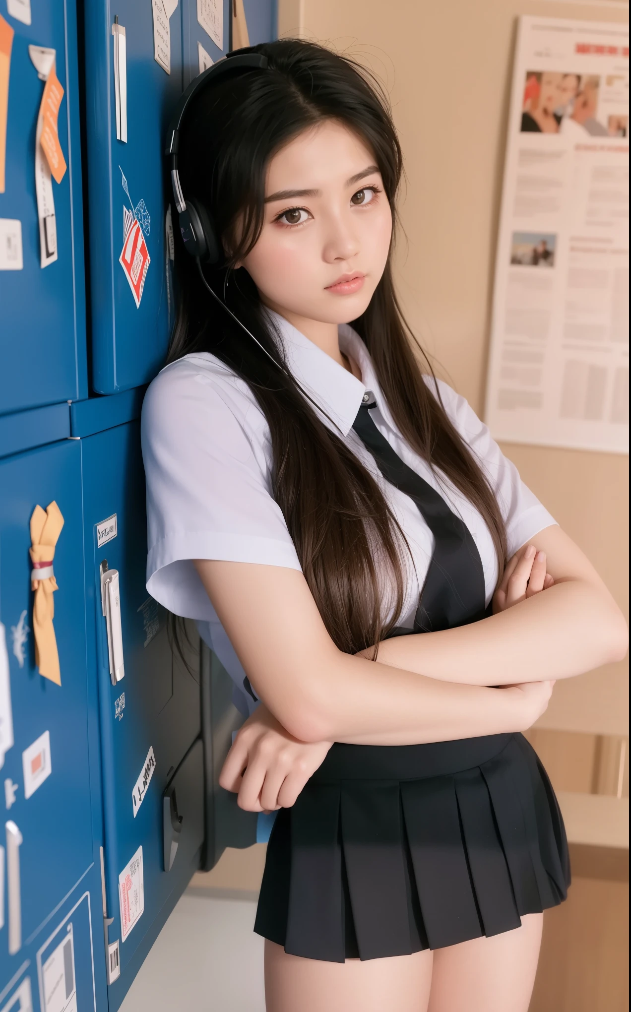 Lying on bed wearing JK uniform and headphones