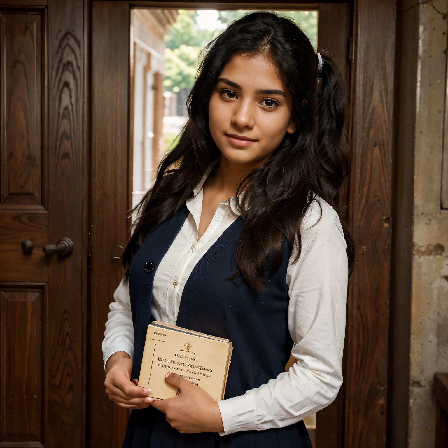 A Kerala girl, her features framed by the college door behind, stands poised in a normal formal dressed . Her thick, wavy black hair is held back by a neatly tied ponytail. A soft smile plays at the corners of her lips as she waits, her brown eyes sparkling with anticipation. The sunlight filters in through the doorway, casting intricate shadows on her frame. Her delicate hands fold in front of her, holding a stack of textbooks. The classic college scene is captured in hyper-realistic detail, with each element from the girl's uniform to the weathered college door being rendered with intricate precision. The scene is brought to life with HDR imaging, show