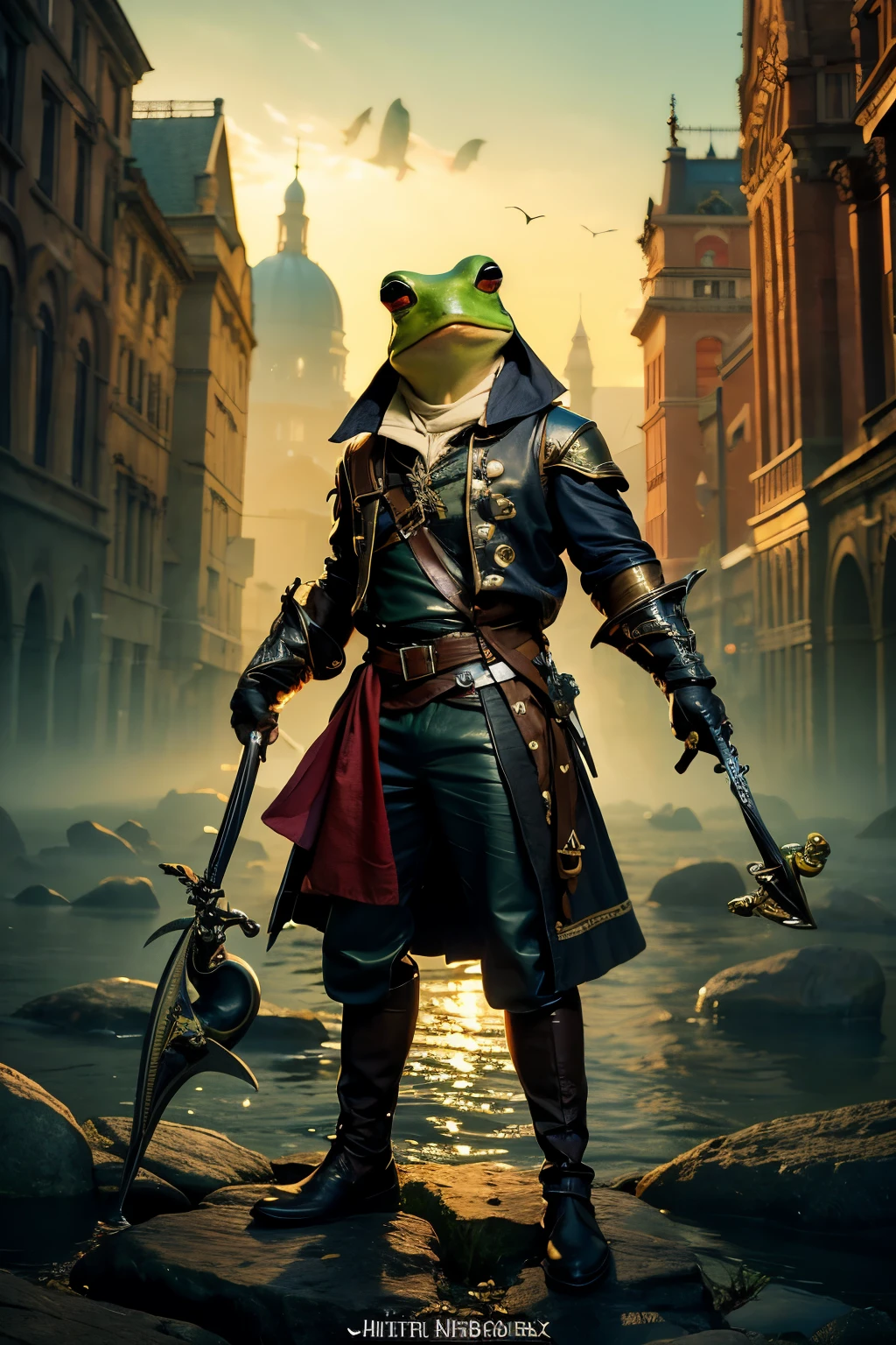 ((best quality)), ((masterpiece)), (dark fantasy), alone, non-human, anthropomorphic frog, ((swashbuckler)), rapier