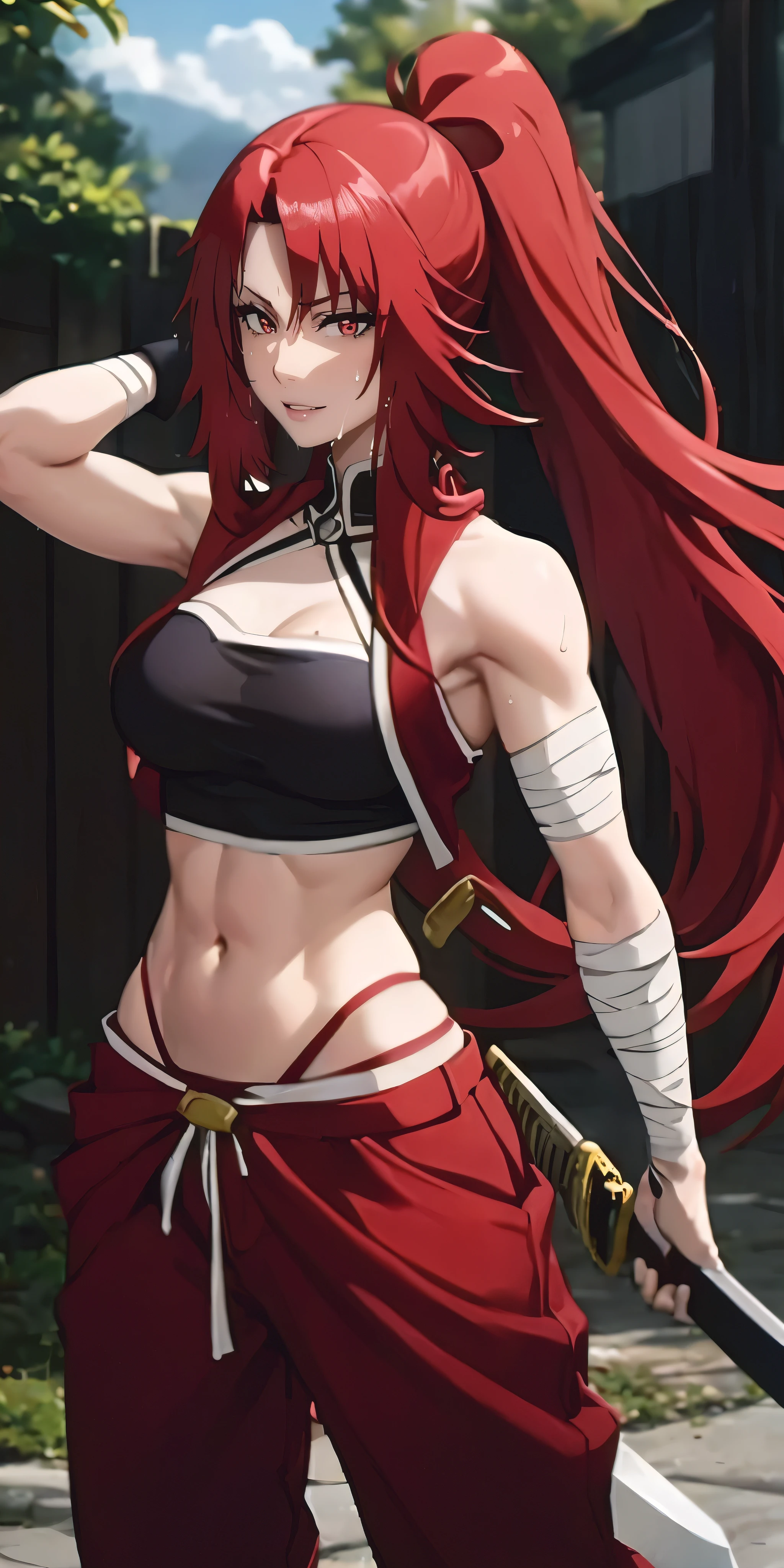 masterpiece, best quality, highres, fairy tail, 1girl, long hair, red hair, ponytail, white ribbon, hair over one eye, brown eyes, large breasts, collarbone, chest sarashi, bandage, bare arms, midriff, red hakama, red pants, standing, holding weapon, sword, katana, outdoors, muscular female, sweating, wet, steaming body,