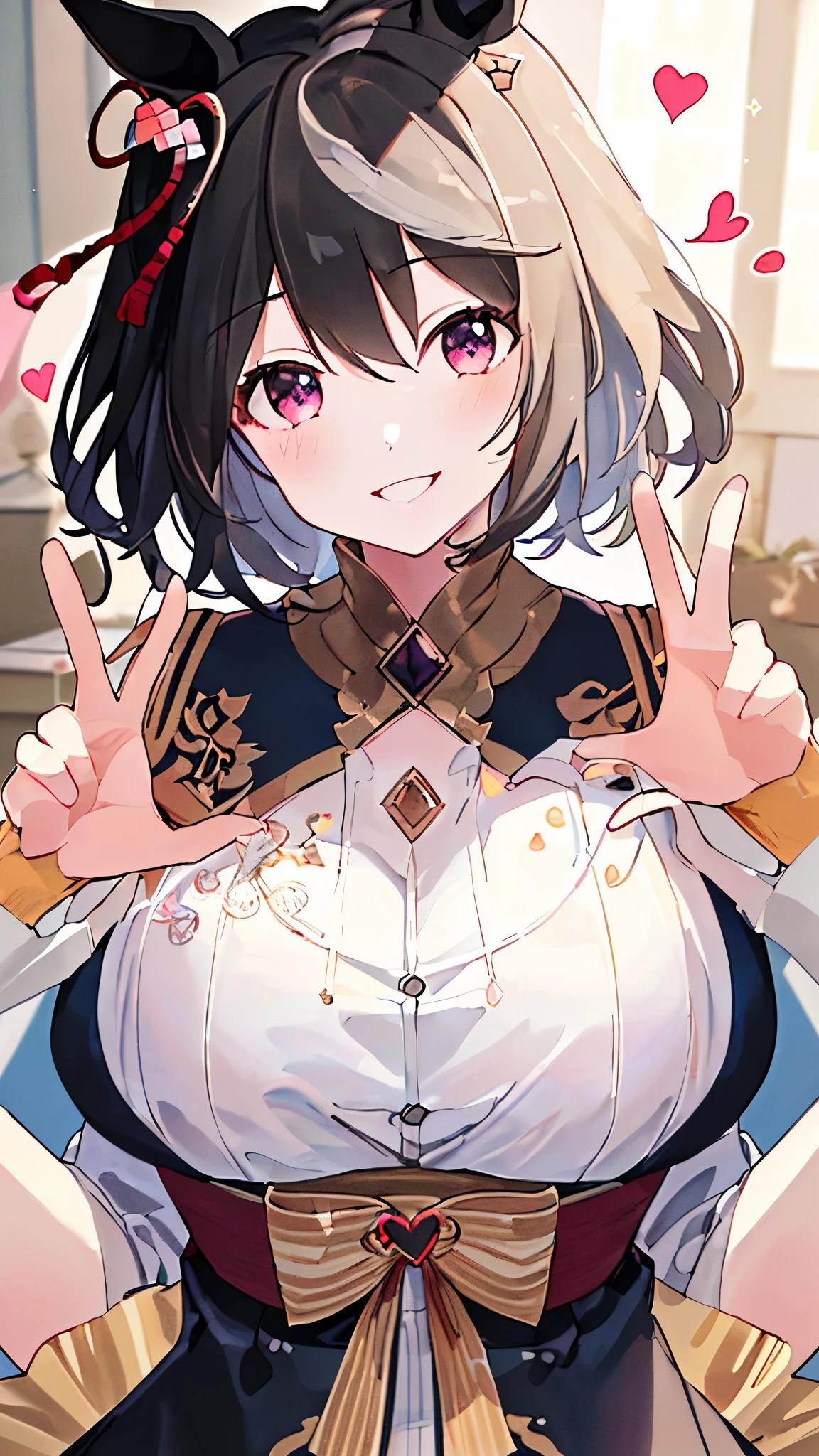 ((masterpiece,highest quality:1.5))、(high quality)、game CG、High resolution image quality、4k、8k、Highest image quality、(pov:1.3)、1 girl、Kitasan_black_umamusume、(smile)、animal ears、black髪、short hair、hair ornaments、beautiful breasts、horse tail、(heart hands:1.1)