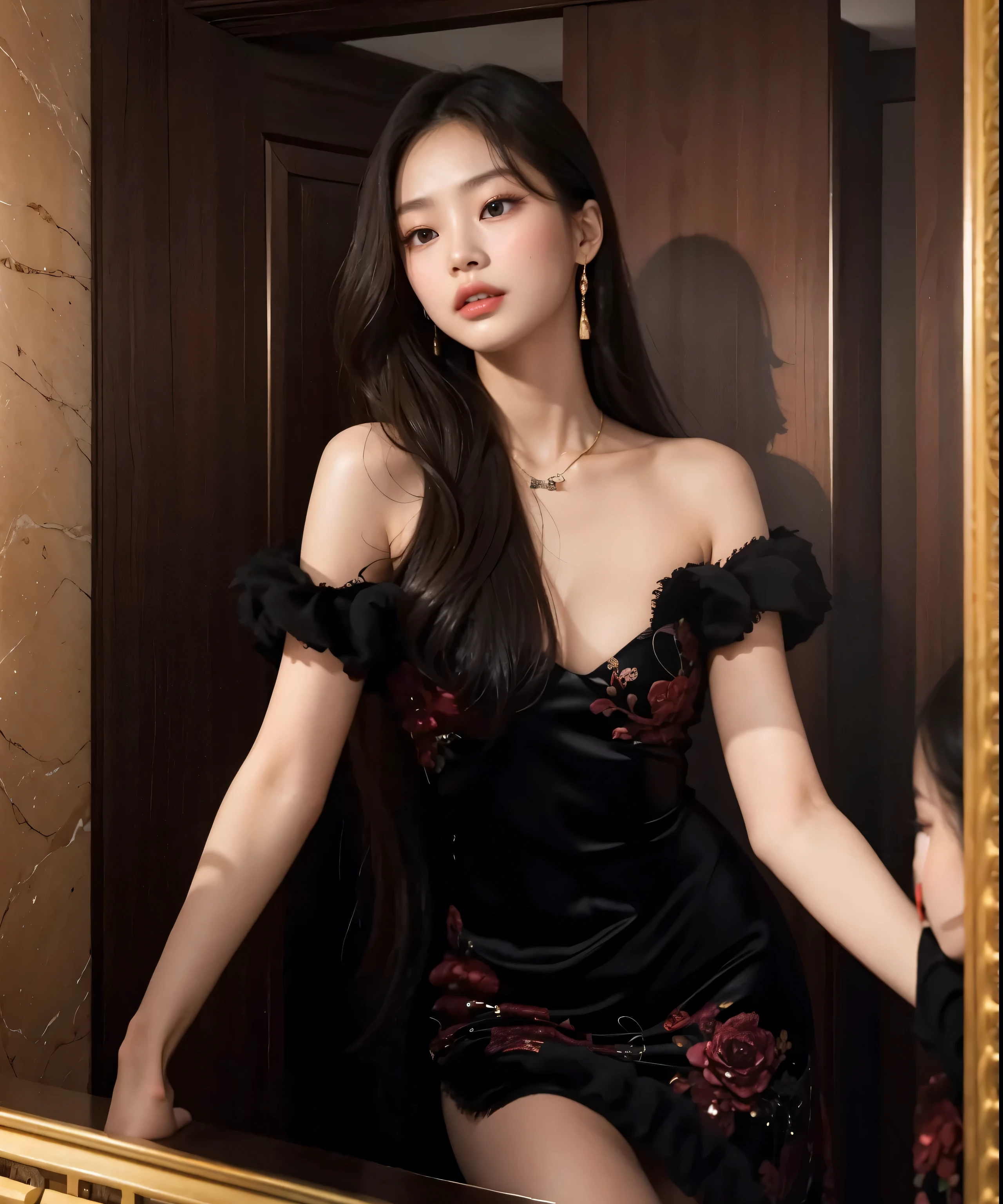 A close up of Jennie Blackpink wearing a dress looking in the mirror, wenfei tu, xianxia de cuerpo completo, xisionwu, cai xukun, Gongbi, sha xi, hermosa modelo china, chen xintong, gema chen, bae suzy, hermosa mujer surcoreana, Lulu Chen, por Yang J., Qifenglin, chengyou liu, jennie blackpink