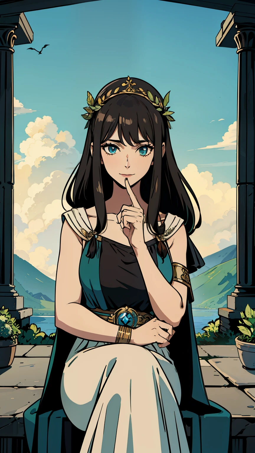(high-quality, breathtaking),(expressive eyes, perfect face) 1girl, girl, solo, adult, brown color hair, long black dress, sleeveless, armband on left arm, green coloured eyes, stylised hair, gentle smile, long length hair, side bangs, curly wavey hair, looking at viewer, portrait, ancient greek clothes, white and tunic, greek, blue and black sash, roman pillars and garden background, related to Helios, elegant, regal, beautiful, black shawl, Greek Myth, soft make up, goddess, enchantress, Circe Character, Circe Greek Myth, mum vibe, Nymph
