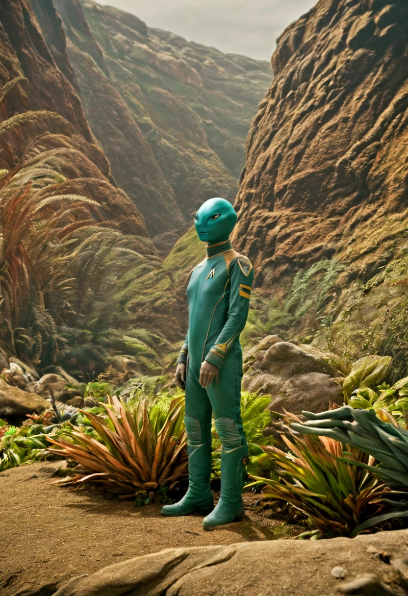 Crew of an old starship from a 1950s TV series in a rustic, planeta pitoresco, lost in space, with scenic plants and rocks, republic series, Programa de TV de Irwin Allen, Science fiction, Uniformes de acampamento coloridos estilo Star Trek e Lost in Space, retro look, vintage, estilo antigo, rostos perfeitos tipo atores dos anos de 1960, ((ROSTOS PERFEITOS)), large very colorful scenery, cogumelos gigantes, alien plants, ((ROSTOS PERFEITOS)), include an alien in the crew, rostos melhorados, alienogen, robot, Planeta Extraterrestre, TV studio lighting, fake scenario