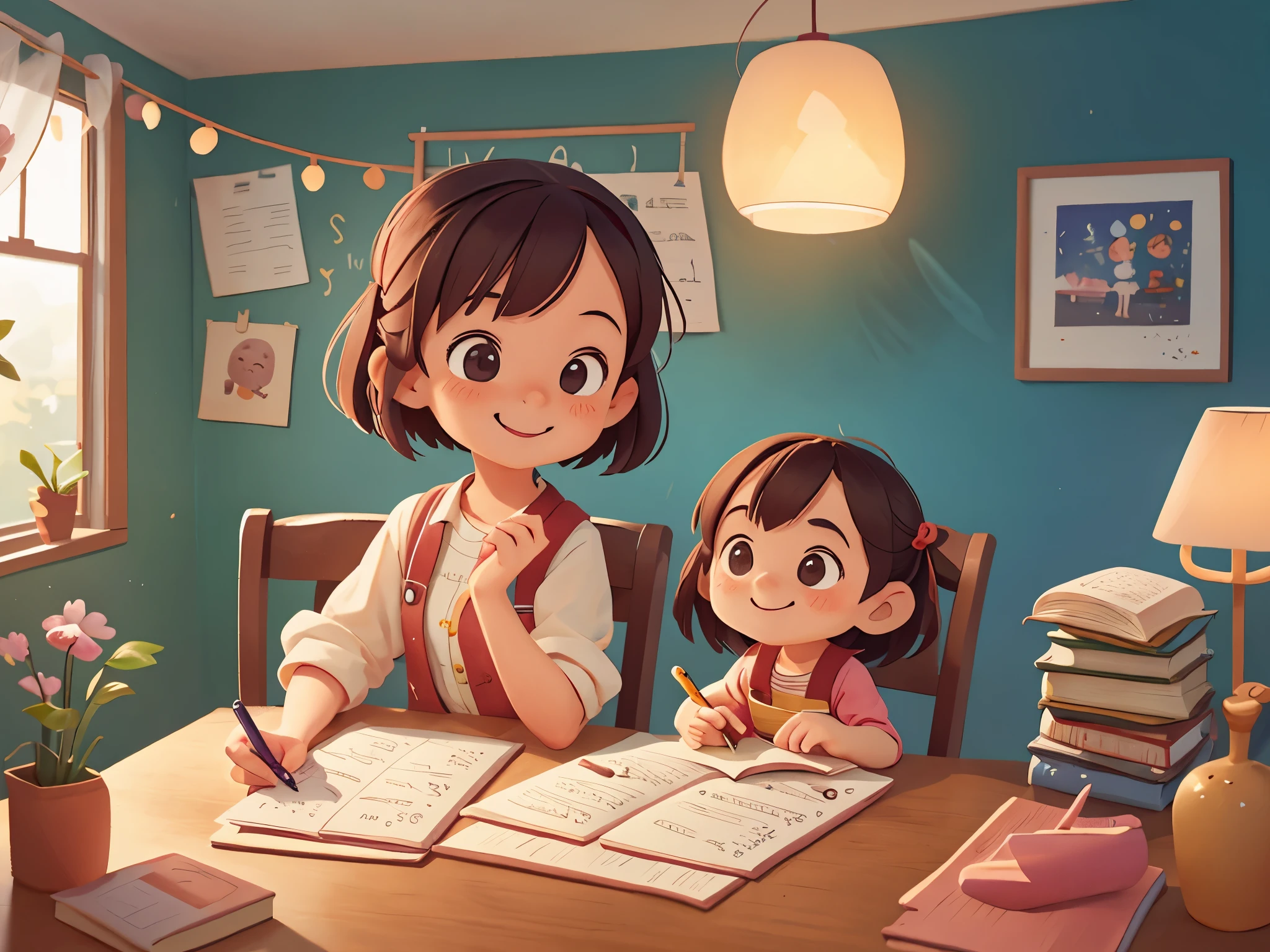 Mom sitting next to cute ,table,study,write homework,Smile,Pixar style, best quality, stills,