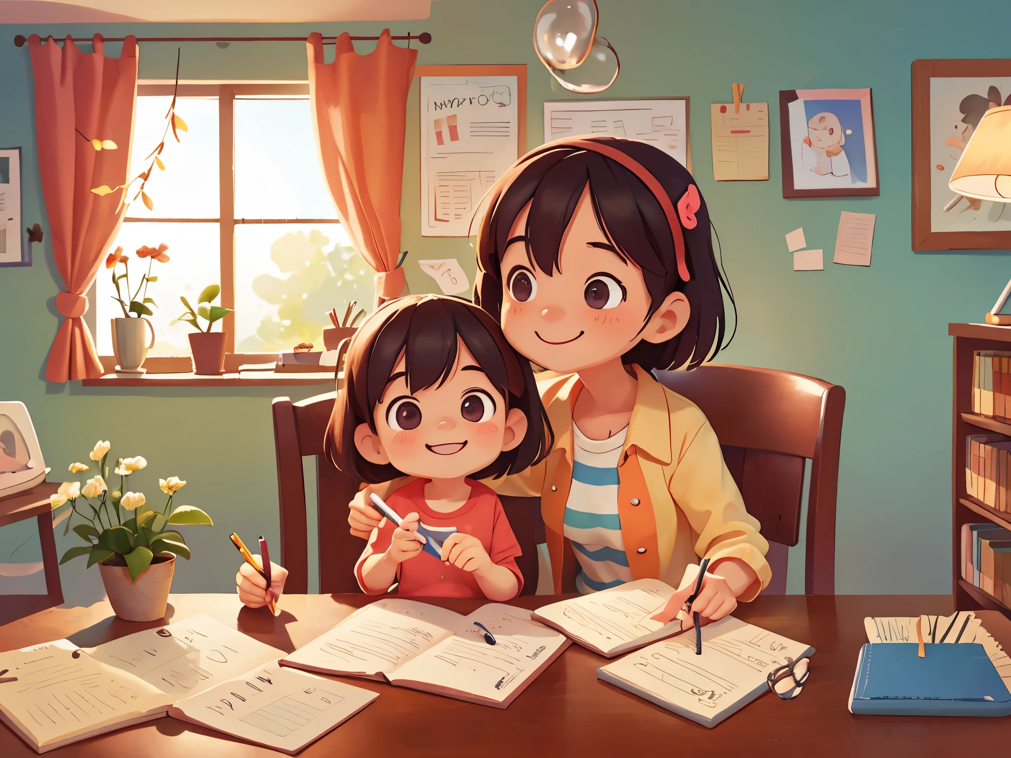 Mom sitting next to cute little girl，table，study，write homework，Smile，Pixar style, best quality, stills,