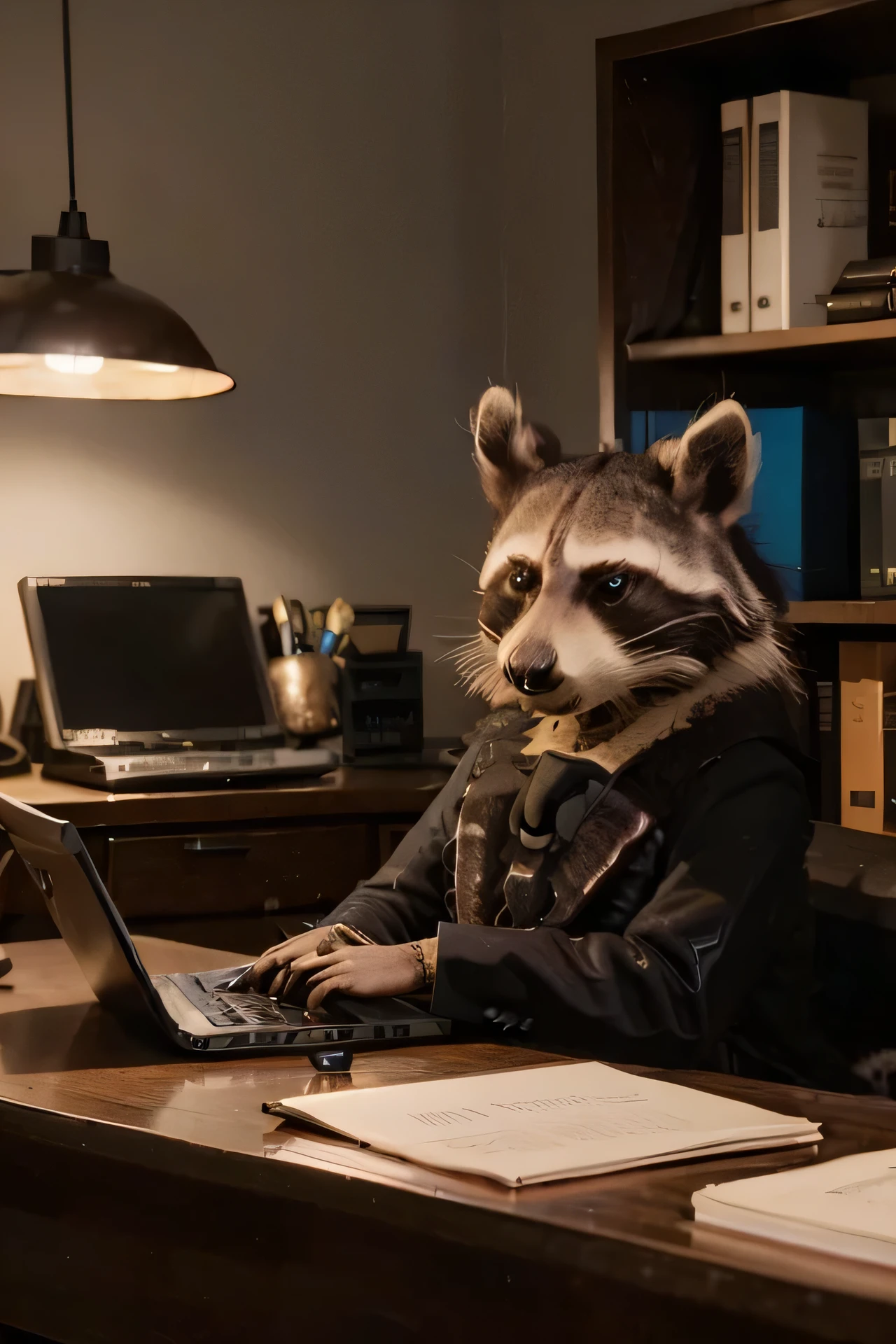 (a tired, formally dressed raccoon with an arrogant look:1.6),(office setting),desk,nameplate on desk:(writing "Fefysnoner"),one computer,documents,pen-holder,telephone,keyboard,mouse,cup of coffee,calendar,office chair,(window overlooking night city:1.4),(wooden interior:-0.7),minimal office and lighting,(neat and organized workspace),(best quality:1.2),ultra-detailed,(realistic:1.37),professional,medium:illustration,vivid colors,cinematic lighting.