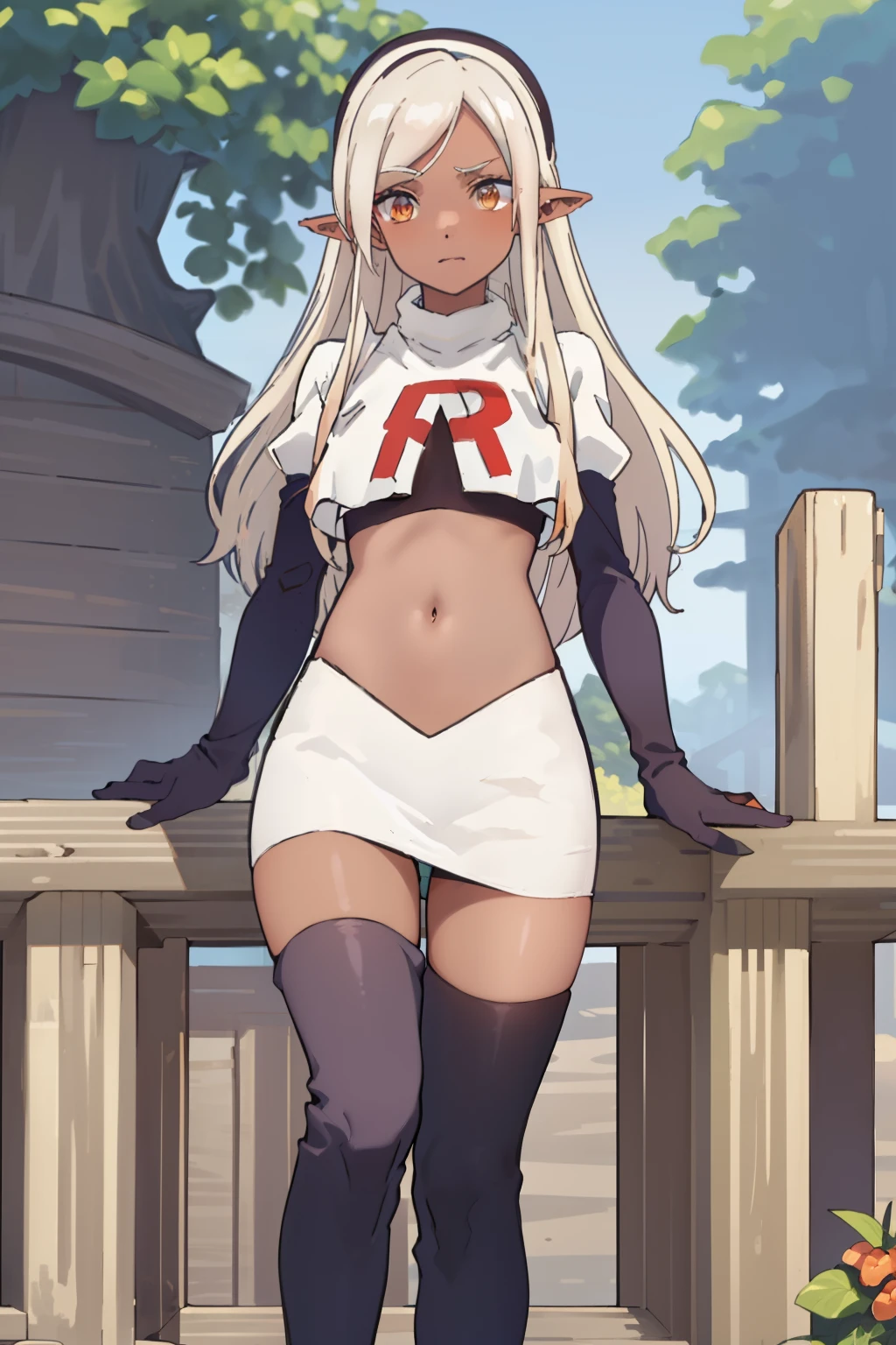 best quality, masterpiece, highly detailed,
yaa,
solo,
dark skin, blonde hair, long hair, orange eyes, pointy ears, hairband, small breasts,
team rocket,team rocket uniform, red letter R, white skirt,white crop top,black thigh-highs,black elbow gloves
looking at the viewer,
outdoors, tree, house, wood