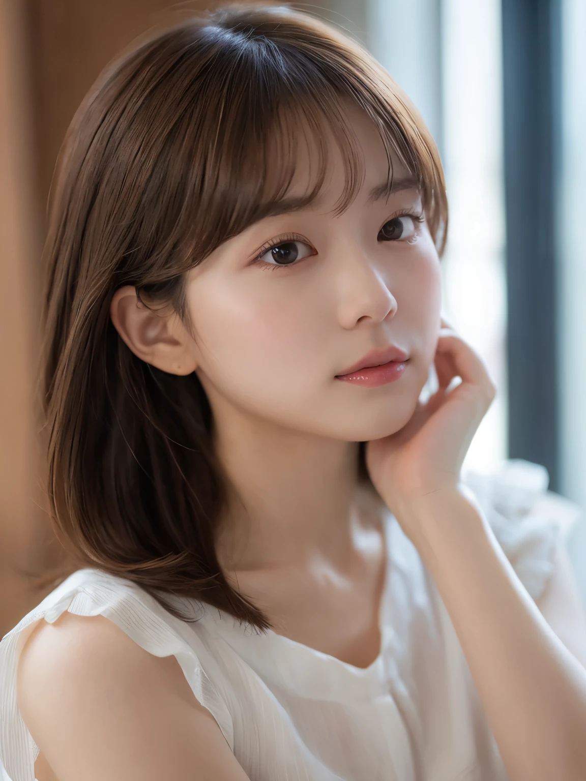 (A very cute 20 year old young woman from Japan), ((delicate hair between brown and blonde)), ((messy side wave short hair)),(((Slender and slender body type))),medium bust size、small breasts、 (((clean hands))),(curly hair),(((very kind smile))), (((she wears black lace panties))),(((she is wearing a black knitted dress))) ((highest quality, 16k, table top: 1.3)), light shines on your face, highly detailed face, highly detailed lips, fine eyes,