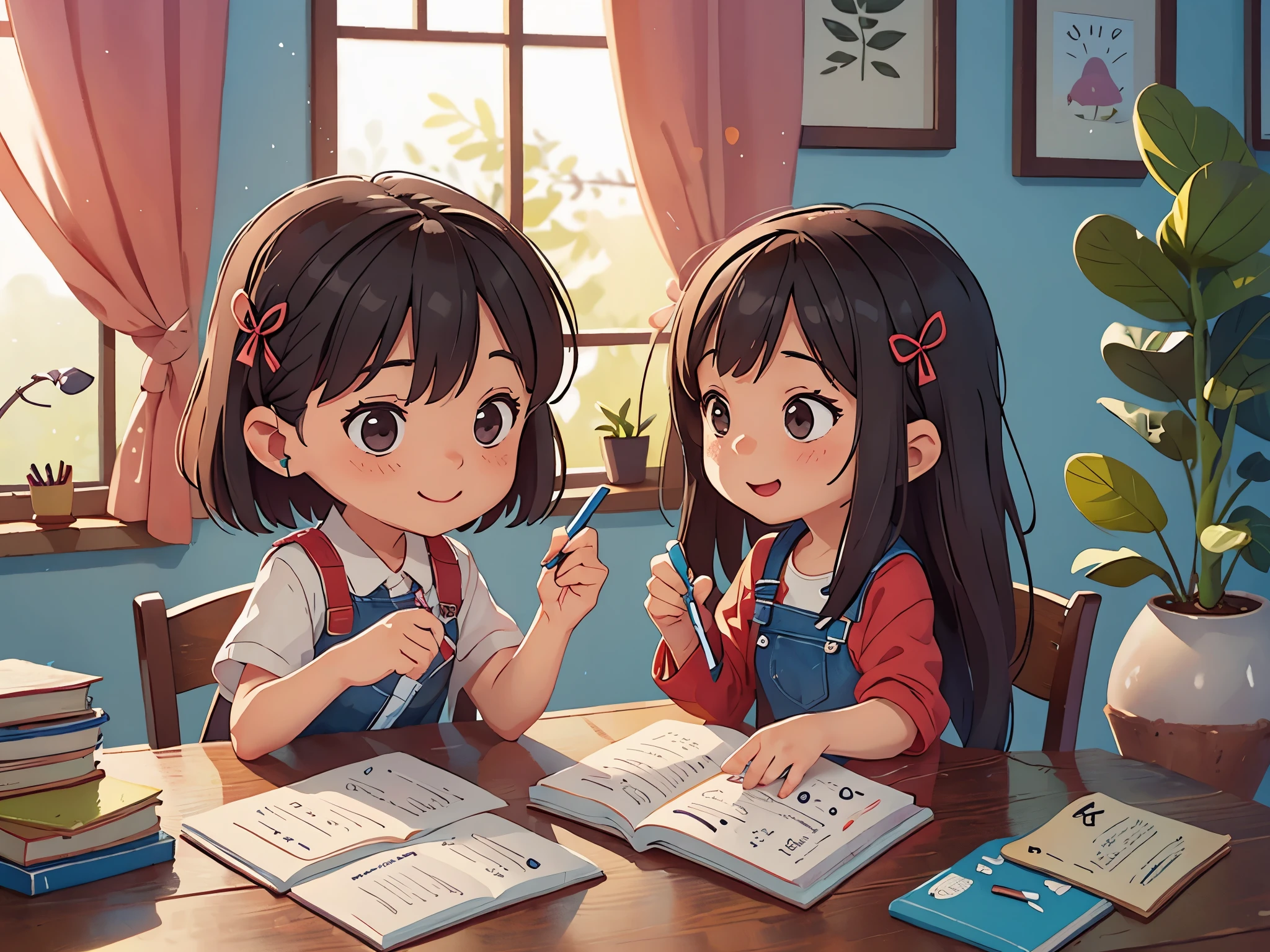 Mom sitting next to cute little girl,table,study,write homework,Smile,Pixar style, best quality, stills,