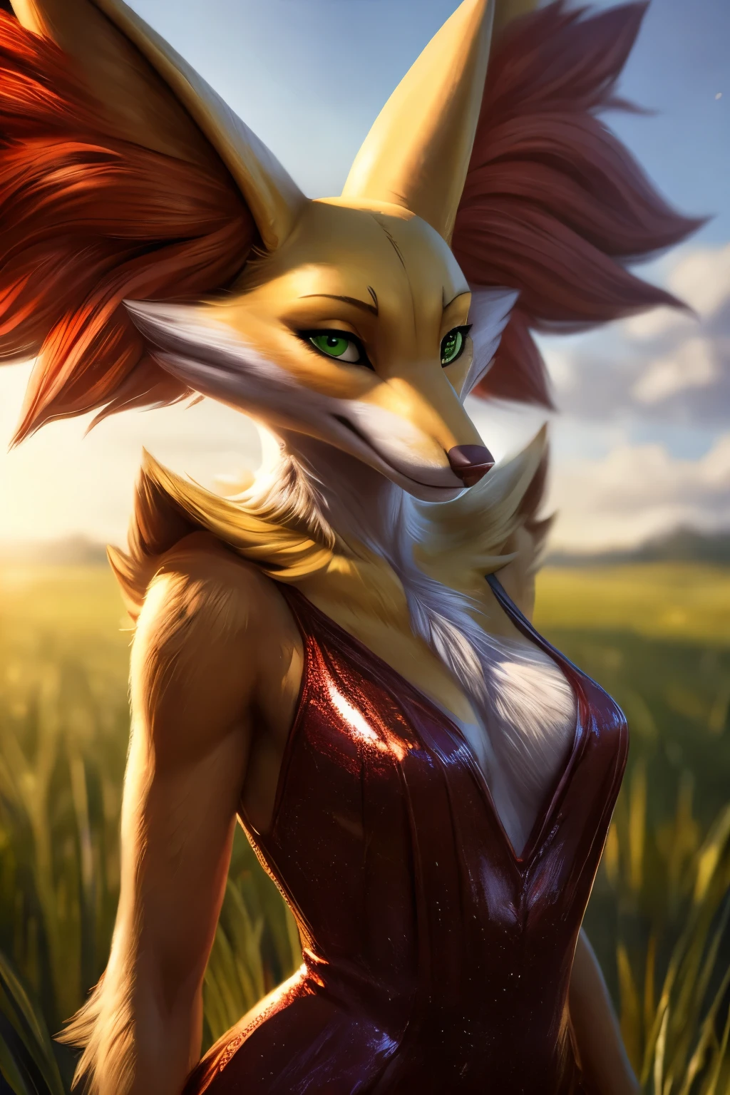 (by pixelsketcher:0.6), (by personalami :0.6), solo, female,Delphox,canine,detailed background, (cinematic lighting:1.1), (perfect focus:1.1), 8k hd, photo, (detailed eyes:1.2),depth of field, bokeh, subsurface scattering, perfect breasts, wide ,(metallic red dress), bright colors, (furry detail),detailed background, green field, green landscape,realistic, photorealistic, ultra realistic,realistic, photorealistic,smile,(fur),(realistic furry:1.1),(tail), (extreme furry detail:1.2)green eyes,solo,young