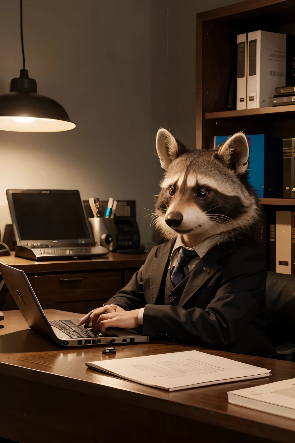 (a tired, formally dressed raccoon with an arrogant look),(office setting),desk,nameplate on desk:("Fefysnoner"),one computer,documents,pen-holder,telephone,keyboard,mouse,cup of coffee,calendar,office chair,(window overlooking night city),(wooden interior),minimal office and lighting,(neat and organized workspace),(best quality:1.2),ultra-detailed,(realistic:1.37),professional,medium:illustration,vivid colors,cinematic lighting.
