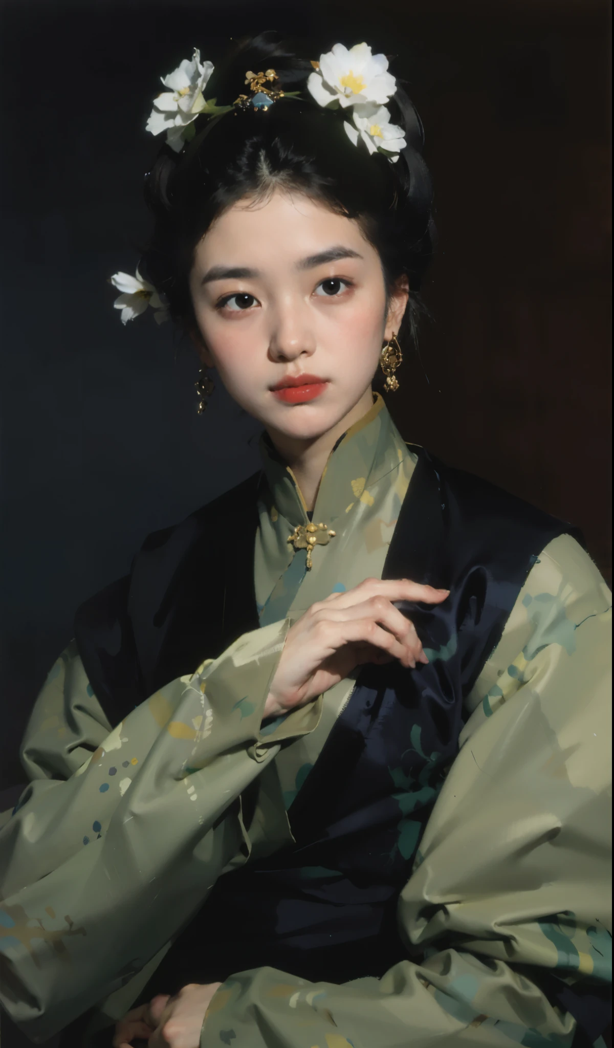 best quality,masterpiece,(painting:1.5),Pan head,hair tied up,Japanese women's hairstyle,Exquisite facial features,delicate and thin eyebrows,eyebrows are very thin,Small mouth,Little mouth,small lips,Headgear,Pan head,hair tied up,Japanese women's hairstyle,asian woman,Ancient Chinese woman,(Amy Sole:0.248),(Stanley Ategg Liu:0.106),(a detailed painting:0.353),(文艺复兴古典painting风格:0.8)