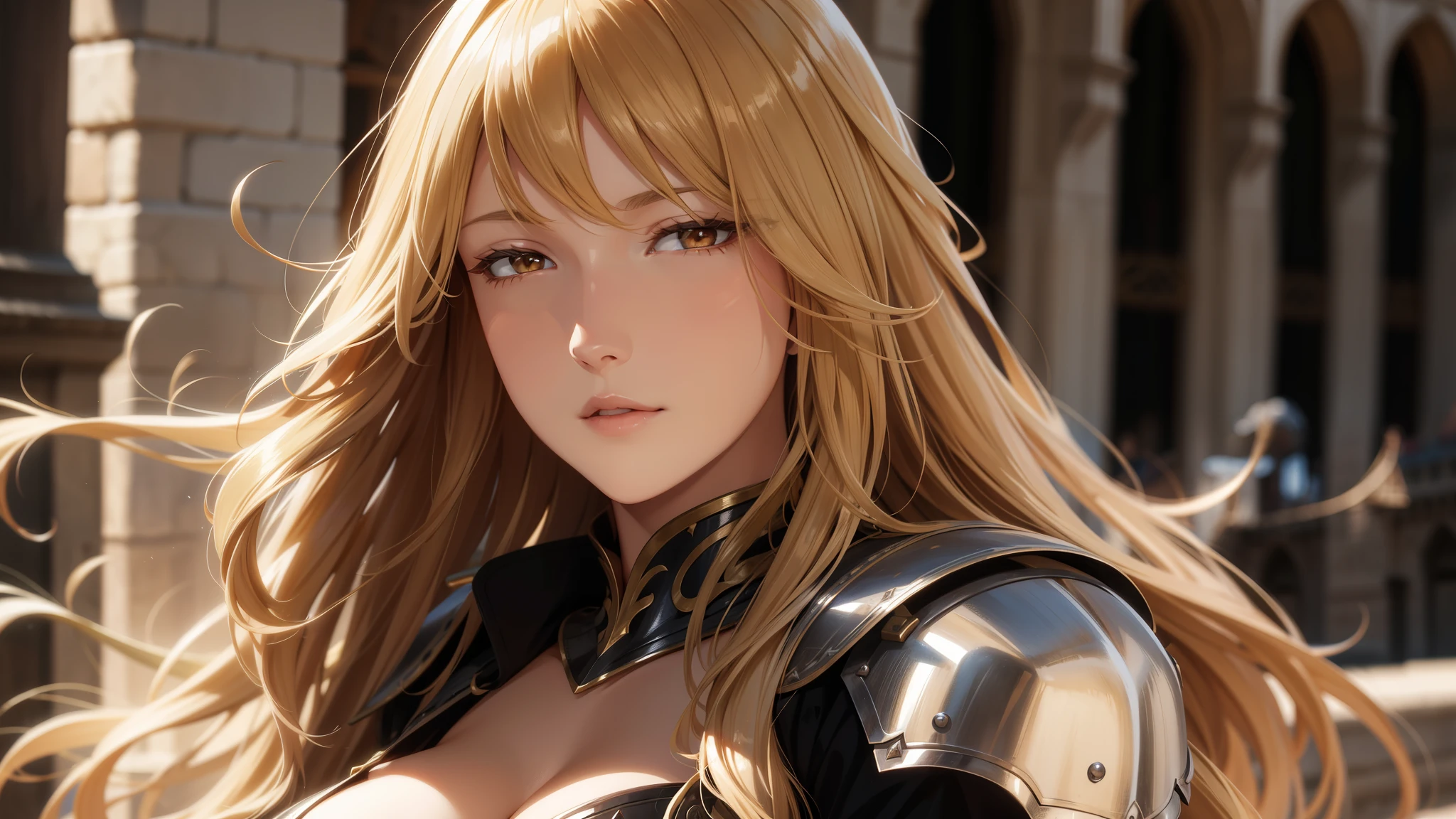 wallpaper of elegant medieval knight woman, wavy long hair, [[[brown hair]]], blonde hair, bangs hair, windy hair, leather armor, cleavage, high detailed brown eyes