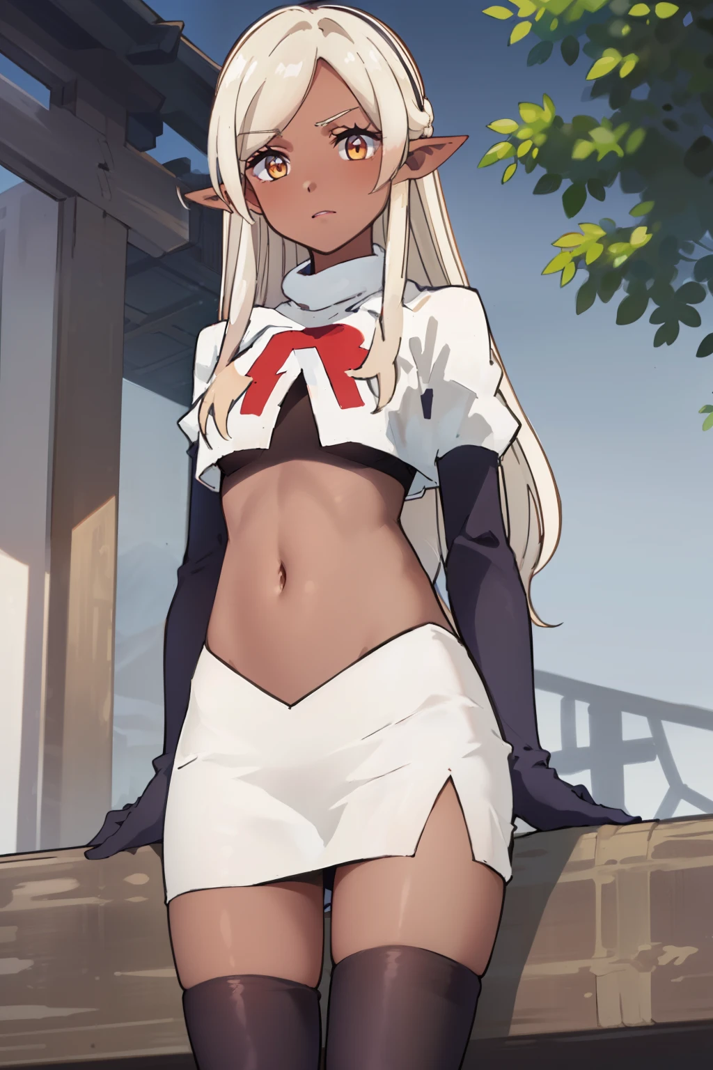 best quality, masterpiece, highly detailed,
yaa,
solo,
dark skin, blonde hair, long hair, orange eyes, pointy ears, hairband, small breasts,
team rocket,team rocket uniform, red letter R, white skirt,white crop top,black thigh-highs,black elbow gloves
looking at the viewer,
outdoors, tree, house, wood