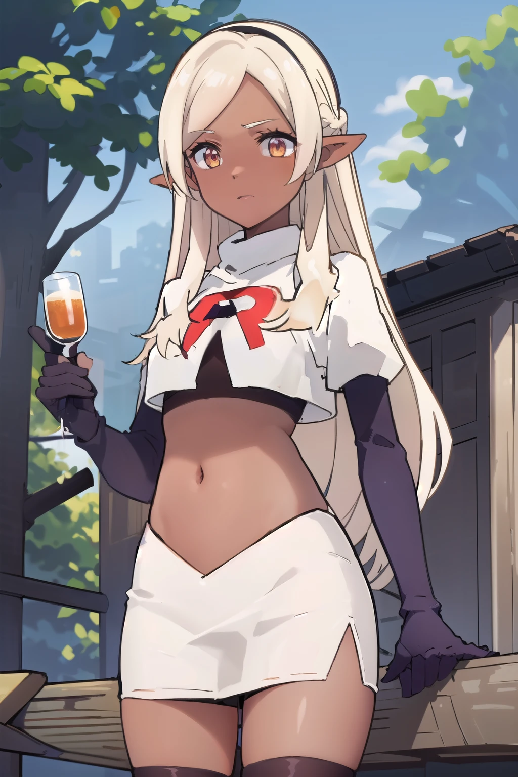 best quality, masterpiece, highly detailed,
yaa,
solo,
dark skin, blonde hair, long hair, orange eyes, pointy ears, hairband, small breasts,
team rocket,team rocket uniform, red letter R, white skirt,white crop top,black thigh-highs,black elbow gloves
looking at the viewer,
outdoors, tree, house, wood