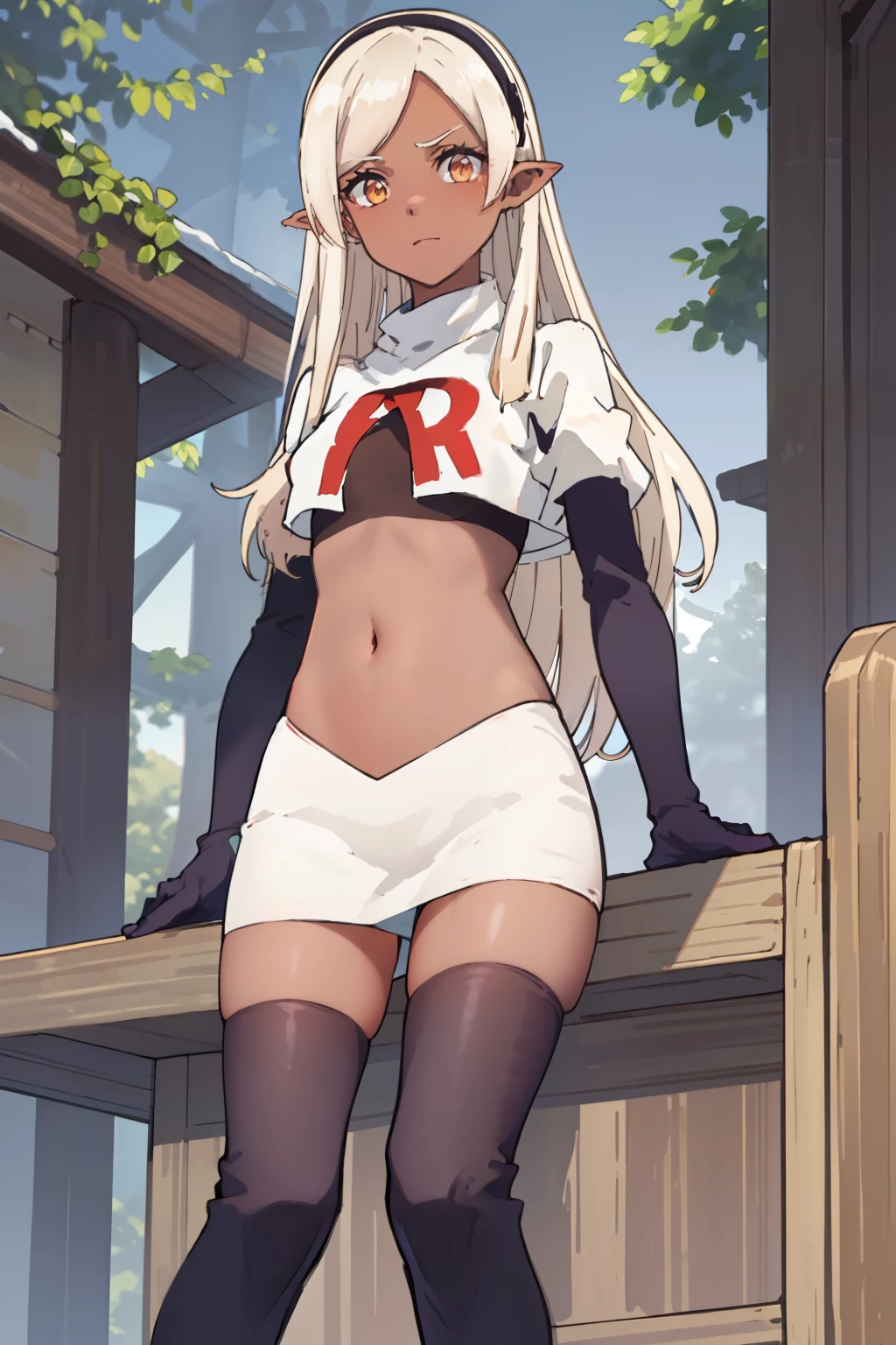 best quality, masterpiece, highly detailed,
yaa,
solo,
dark skin, blonde hair, long hair, orange eyes, pointy ears, hairband, small breasts,
team rocket,team rocket uniform, red letter R, white skirt,white crop top,black thigh-highs,black elbow gloves
looking at the viewer,
outdoors, tree, house, wood