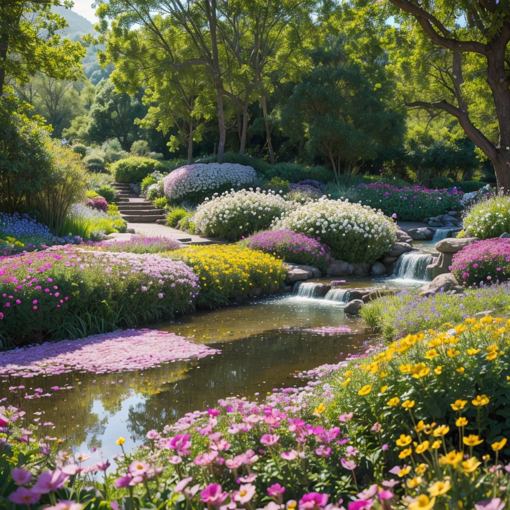 (best quality,4k,8k,highres,masterpiece:1.2),ultra-detailed,(realistic,photorealistic,photo-realistic:1.37),colorful,blooming flowers,beautiful sunlight filtering through the petals,gentle breeze rustling the leaves,peaceful atmosphere,natural scenery,scenic view,blissful garden,botanical paradise,overflowing with various flowers and plants,pinks, purples, blues, and yellows,buzzing bees and colorful butterflies,fragrant floral aroma,serene water reflections,hidden pathways leading to hidden nooks and crannies,delicate petals dancing in the wind,lush greenery,soft grass under foot,peaceful humming of nature,undulating hills covered in a sea of vibrant flowers,relaxing sounds of nature,tranquil oasis,jaw-dropping floral carpet,dreamy scene that feels like stepping into a fairytale painting.