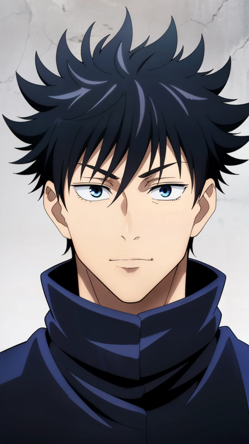 (high-quality, breathtaking),(expressive eyes, perfect face) 1boy, male, solo, teenager, black hair, dark red eye color, medium hair length, looking at viewer, half body, bright smile, kind face, calm expression, slightly tanned skin, dark black blue long sleeved shirt, collared shirt, dark black blue pants, jujutsu kaisen uniform, jujutsu high school uniform, spikyy hair, masculine face, wavy curly hair, grey background, portrait
