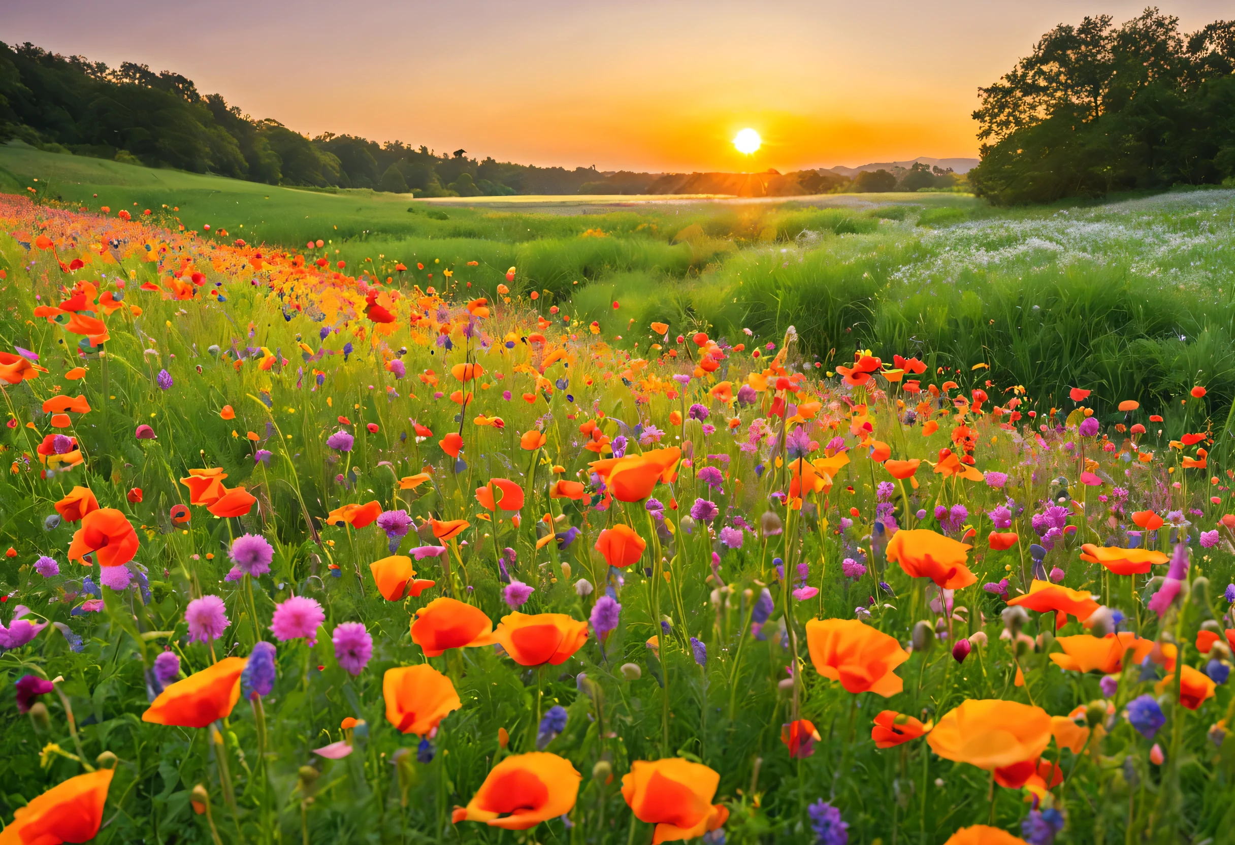 Create a vibrant scene of a rolling meadow filled with a sea of multicolored flowers swaying gently in the breeze. Imagine a picturesque landscape with lush green grass stretching as far as the eye can see, dotted with flowers of every hue imaginable. From fiery red poppies to sunny yellow daisies, from royal purple lavender to delicate pink cherry blossoms, let the colors burst forth in a harmonious display of nature's beauty. The sun hangs low in the sky, casting a warm, golden light over the meadow, while fluffy white clouds drift lazily by. Be sure to capture the sense of tranquility and serenity that permeates this idyllic scene, inviting the viewer to immerse themselves in the beauty of the natural world