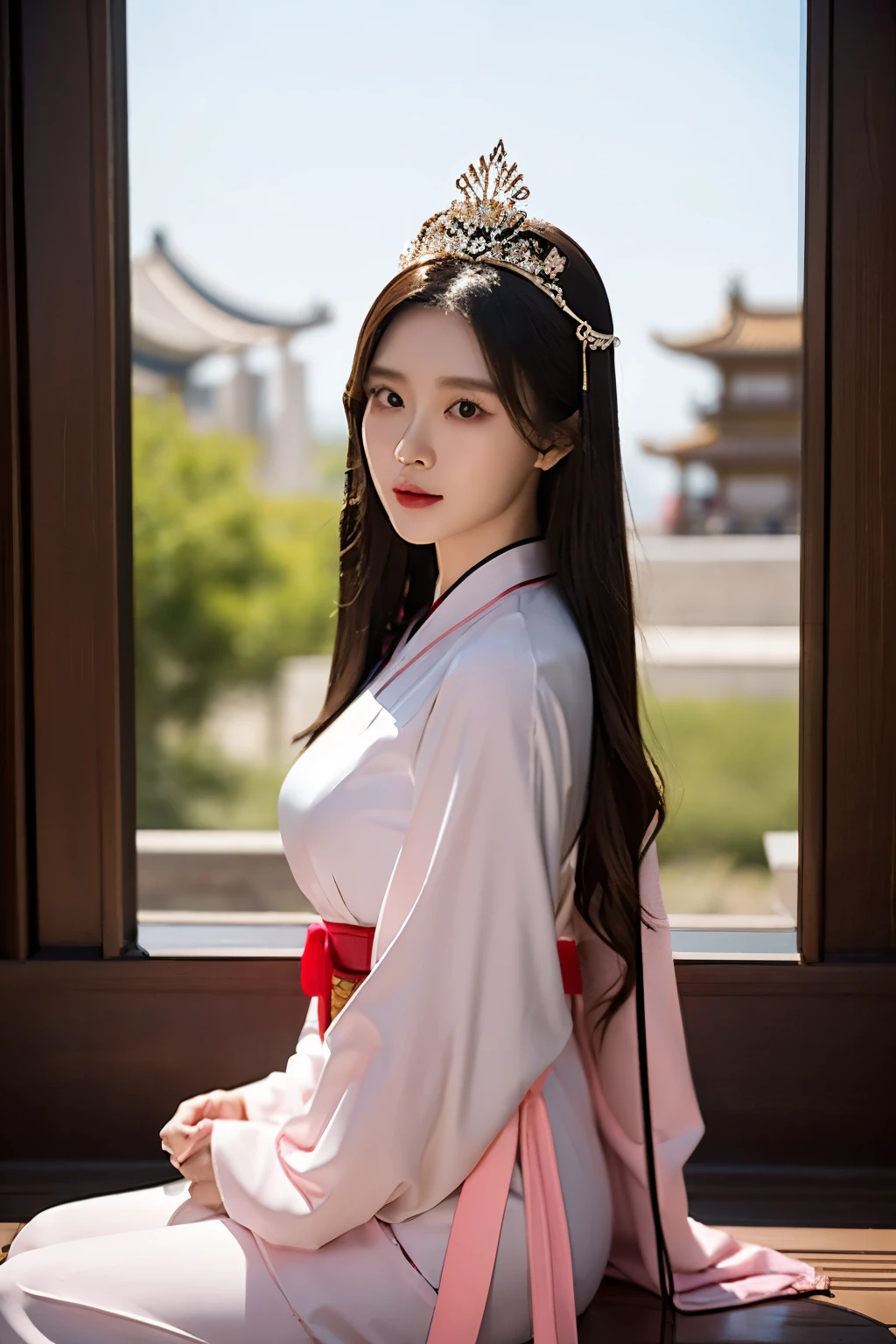Alakfi women wearing pink clothes and pink headdresses, Ancient Chinese princess, chinese princess, ancient chinese beauties, Chinese girl, palace ， A girl wearing Hanfu, elegant numbers, chinese woman, Chinese traditional, Chinese style, beautiful fantasy queen, traditional beauty, Beautiful digital art work, 
Detailed face of an Asian girl, oriental face, Inspired by Lan Ying