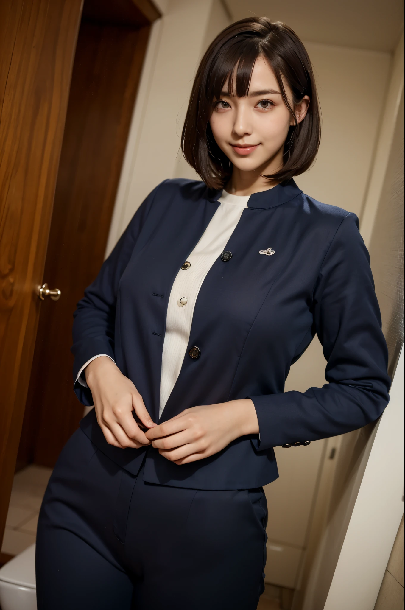 high quality,8K,high resolution,woman,1 personality,realistic texture,(smile),(),(pants suit),(bob cut),(toilet),(),(),(),,