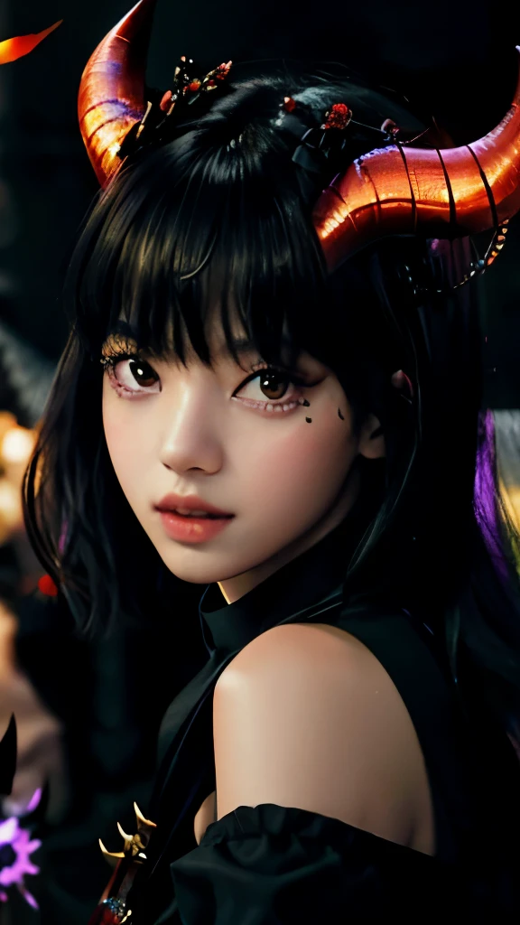 Lisa blackpink looking directly at the camera The evil nun, Demon horn on the head, Demon wings in the back, an evil red glow emanating from her, flashes of purple energy shoot from his hands, diabolique, insidieux, Context of the Satanic Church