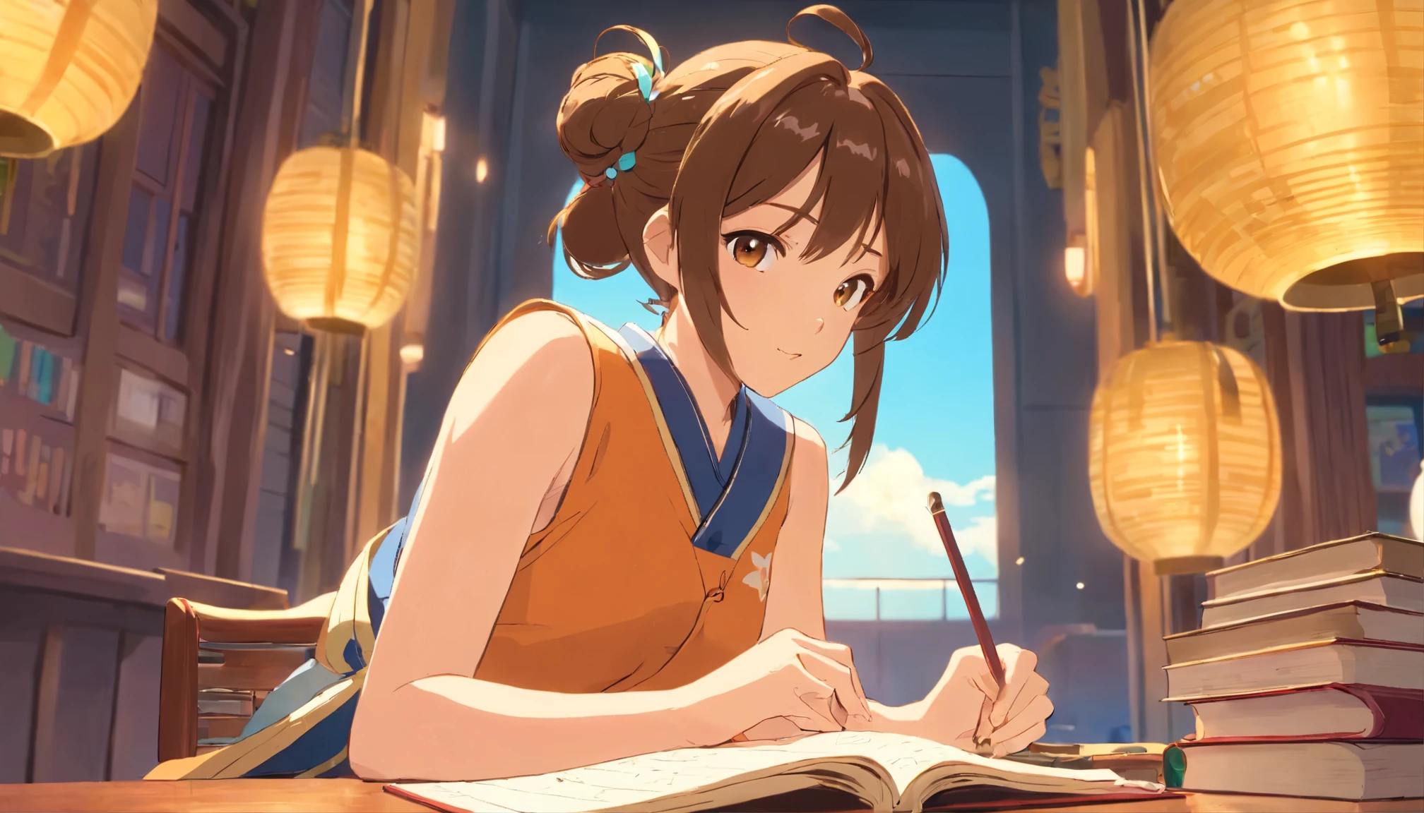 One is wearing a sleeveless Tang suit，The brown-haired girl with a bun was staring intently at a diary with gold borders that suddenly appeared in front of her.。