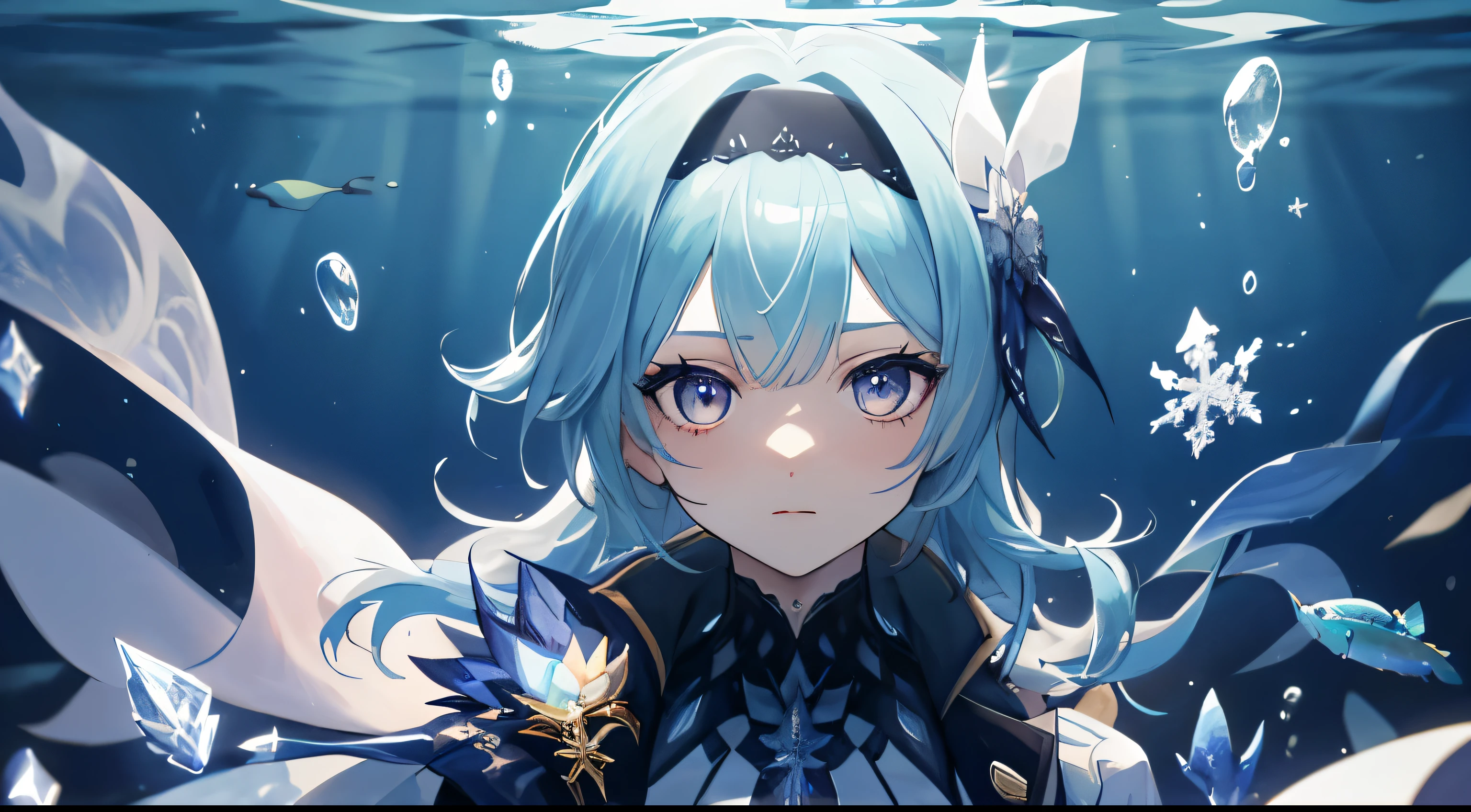 floating girl, extremely detailed, masterpiece, ((dark illumination)), (pastel coloruted colors), colorful, (perfect eyes), ice crystals, half-body portrait, (underwater)