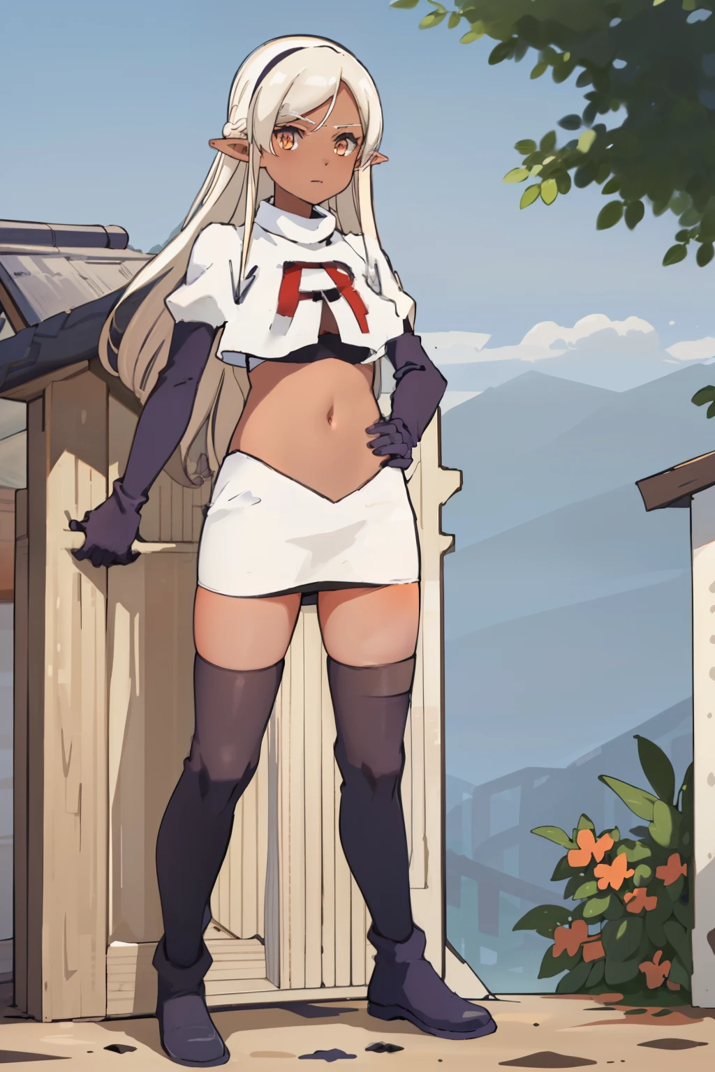best quality, masterpiece, highly detailed,
yaa,
solo,
dark skin, blonde hair, long hair, orange eyes, pointy ears, hairband, small breasts,
team rocket,team rocket uniform, red letter R, white skirt,white crop top,black thigh-highs,black elbow gloves
looking at the viewer,
outdoors, tree, house, wood
