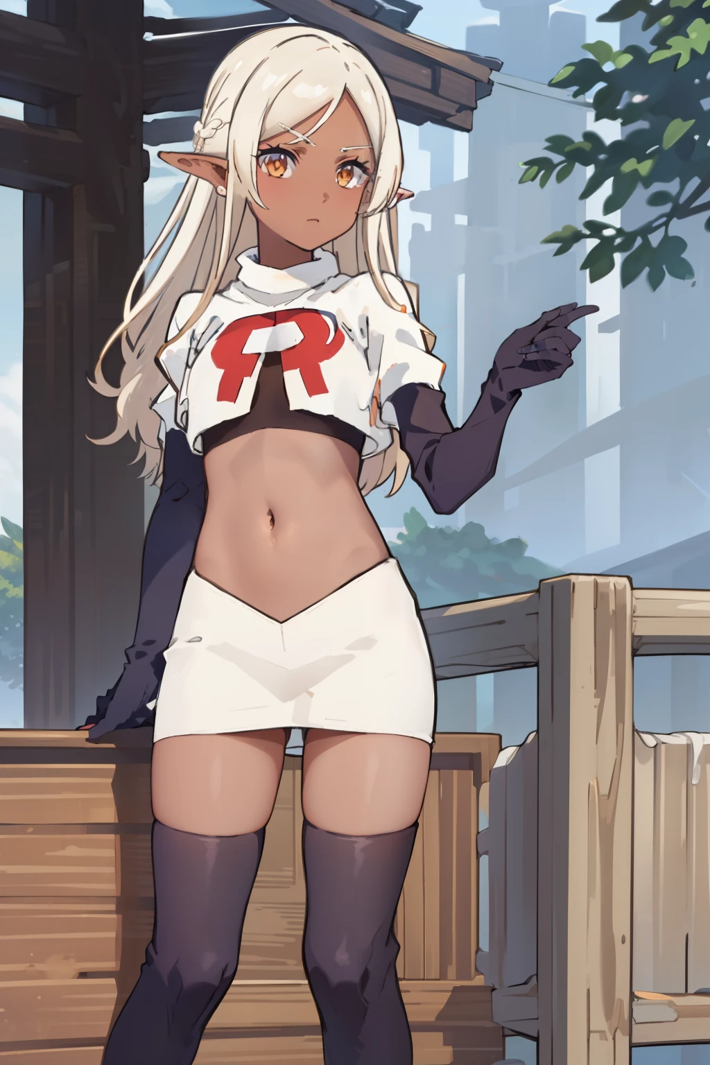 best quality, masterpiece, highly detailed,
yaa,
solo,
dark skin, blonde hair, long hair, orange eyes, pointy ears, hairband, small breasts,
team rocket,team rocket uniform, red letter R, white skirt,white crop top,black thigh-highs,black elbow gloves
looking at the viewer,
outdoors, tree, house, wood