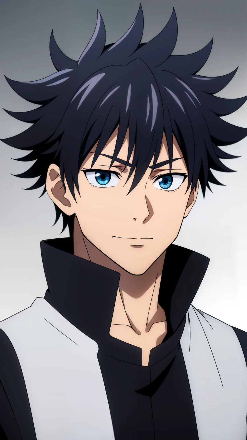 (high-quality, breathtaking),(expressive eyes, perfect face) 1boy, male, solo, teenager, black hair, red eye color, medium hair length, looking at viewer, half body, bright smile, kind face, calm expression, slightly tanned skin, dark black blue long sleeved shirt, collared shirt, dark black blue pants, jujutsu kaisen uniform, jujutsu high school uniform, spiky fluffy hair, wavy hair, grey background, portrait
