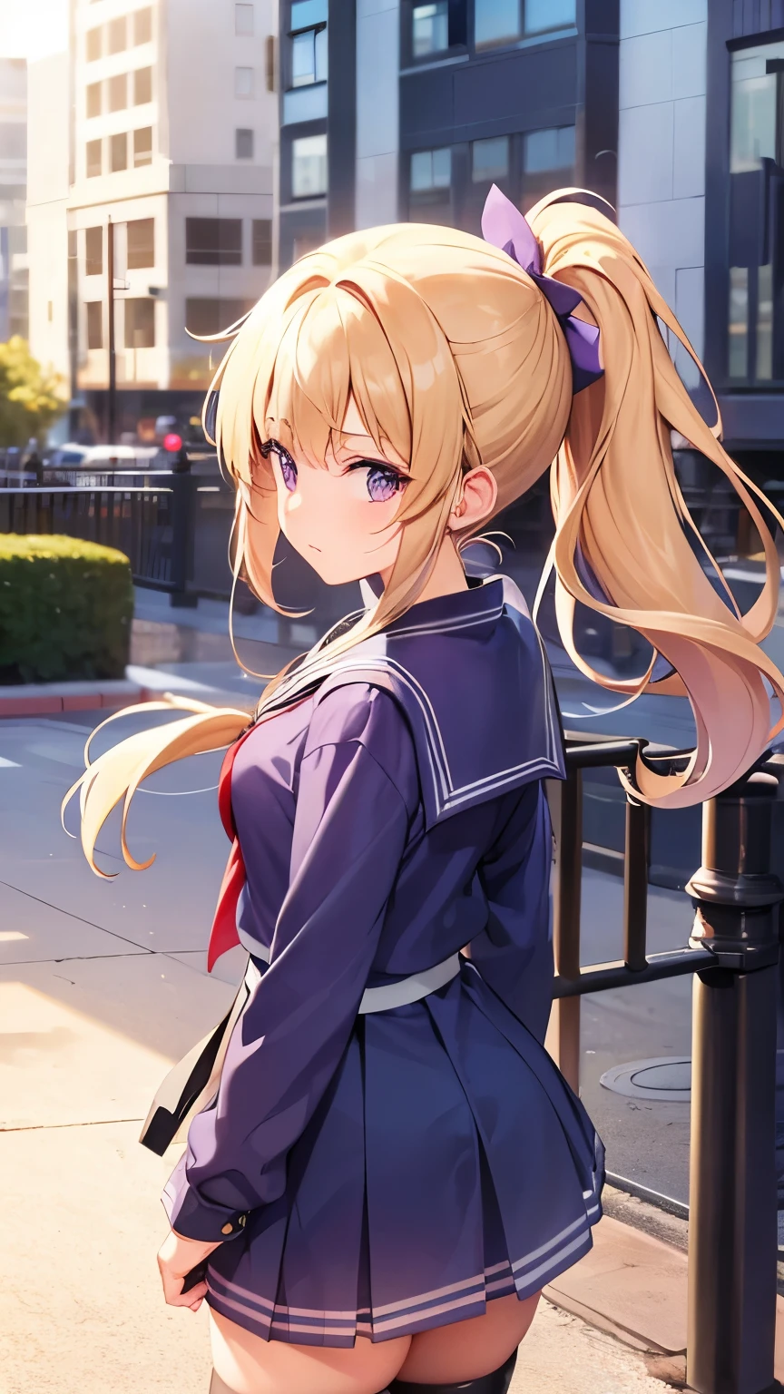 Girl, ponytail hair, blonde hair, purple eyes, cute girl, sailor uniform, long stocking, city 