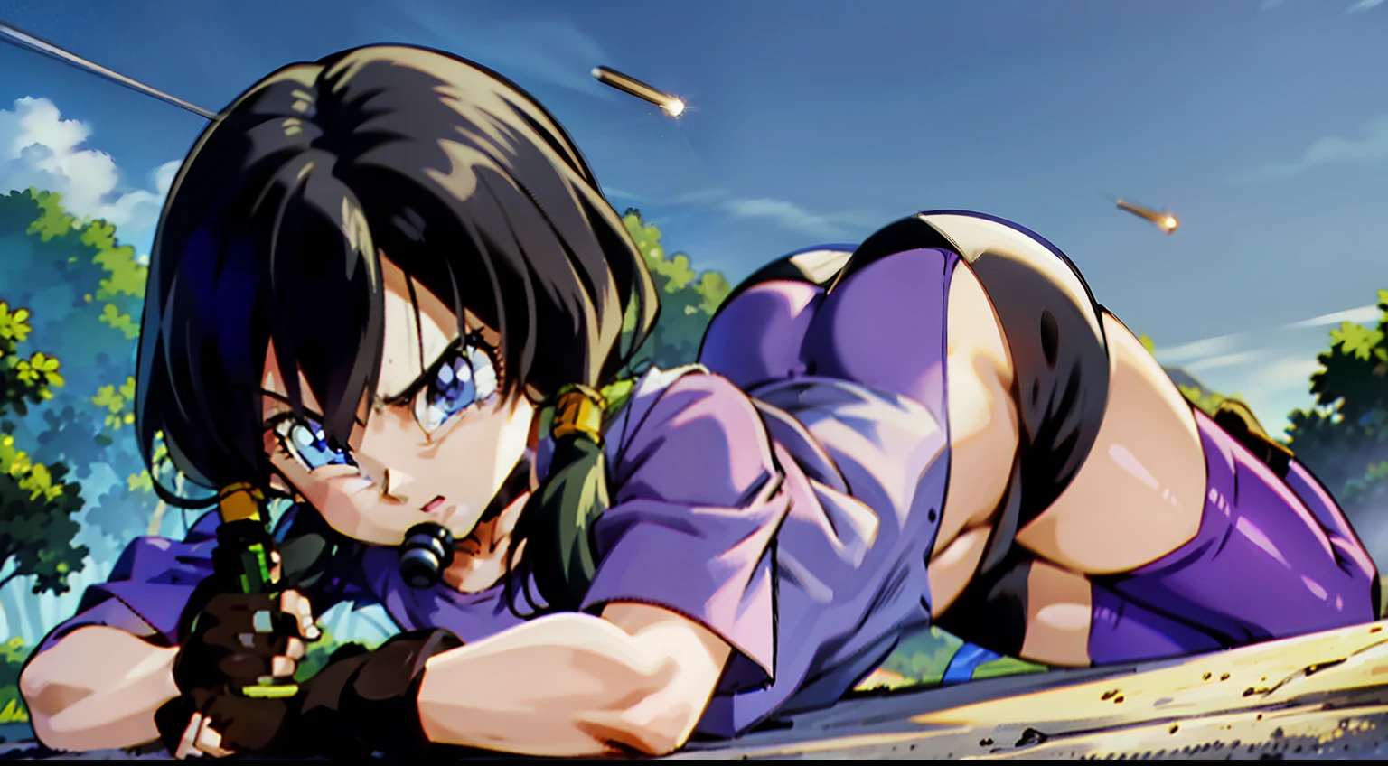 Assault rifle, combat girl, muzzle flash,purple tight suit,Purple rubber suit,streak masterpiece, highest quality,High resolution, , 1girl,gun,girl,videl,saw 2, blue eyes, black hair, Low twintails and short cut, jungle,Bottomless swamp