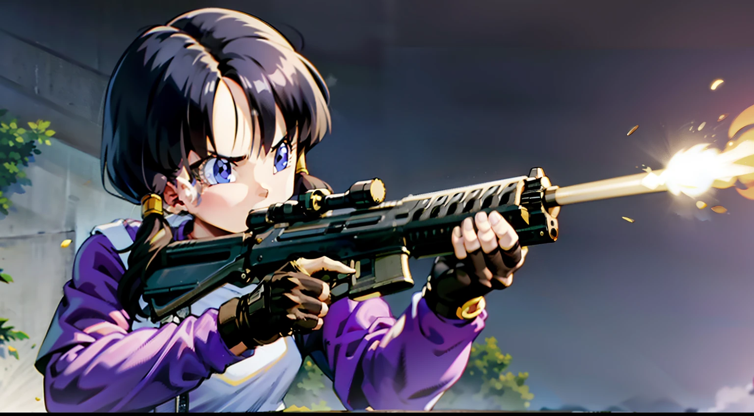  Assault rifle, combat girl, muzzle flash,purple tight suit,Purple rubber suit,streak masterpiece, highest quality,High resolution, , 1girl,gun,girl,videl,saw 2, blue eyes, black hair, Low twintails and short cut, jungle,Bottomless swamp