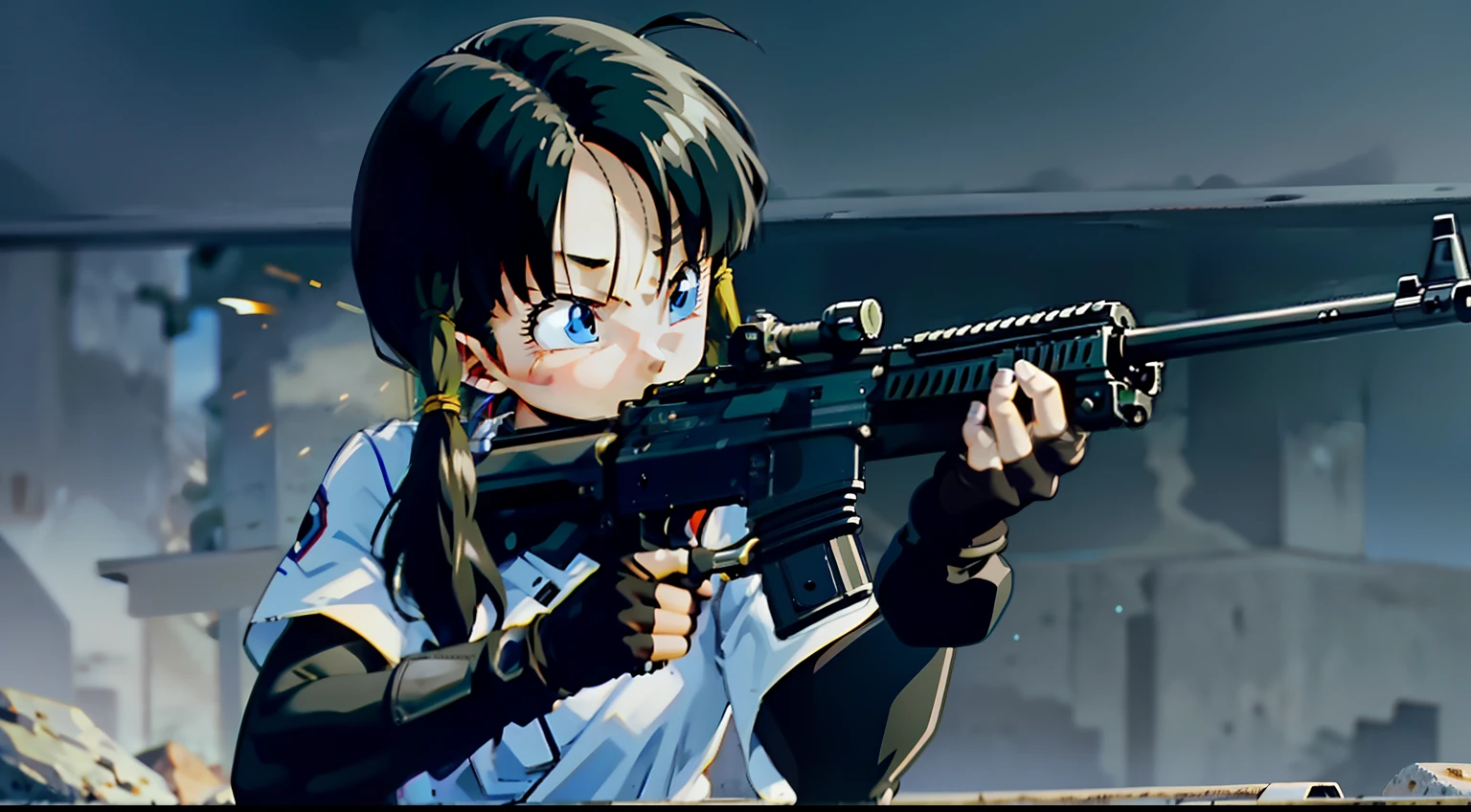 Assault rifle, combat girl, muzzle flash,black tight suit,rubber suit,streak masterpiece, highest quality,High resolution, , 1girl, alone, gun,girl,videl,saw 2, blue eyes, black hair, Low twintails and short cut, Bottomless swamp