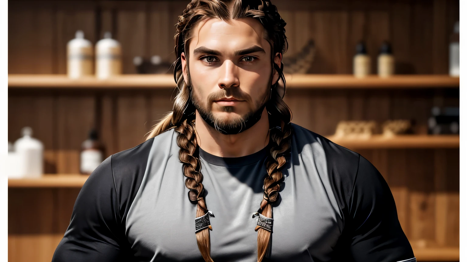 1 male, 27 years old, (long Viking-style braided hair:1.3), Viking beard, wearing a (black long-sleeve tee:1.1), (Mexican descent:1.1), dark-brown hair, facing the viewer, centered towards the viewer, fit, athletic, thick eyebrows