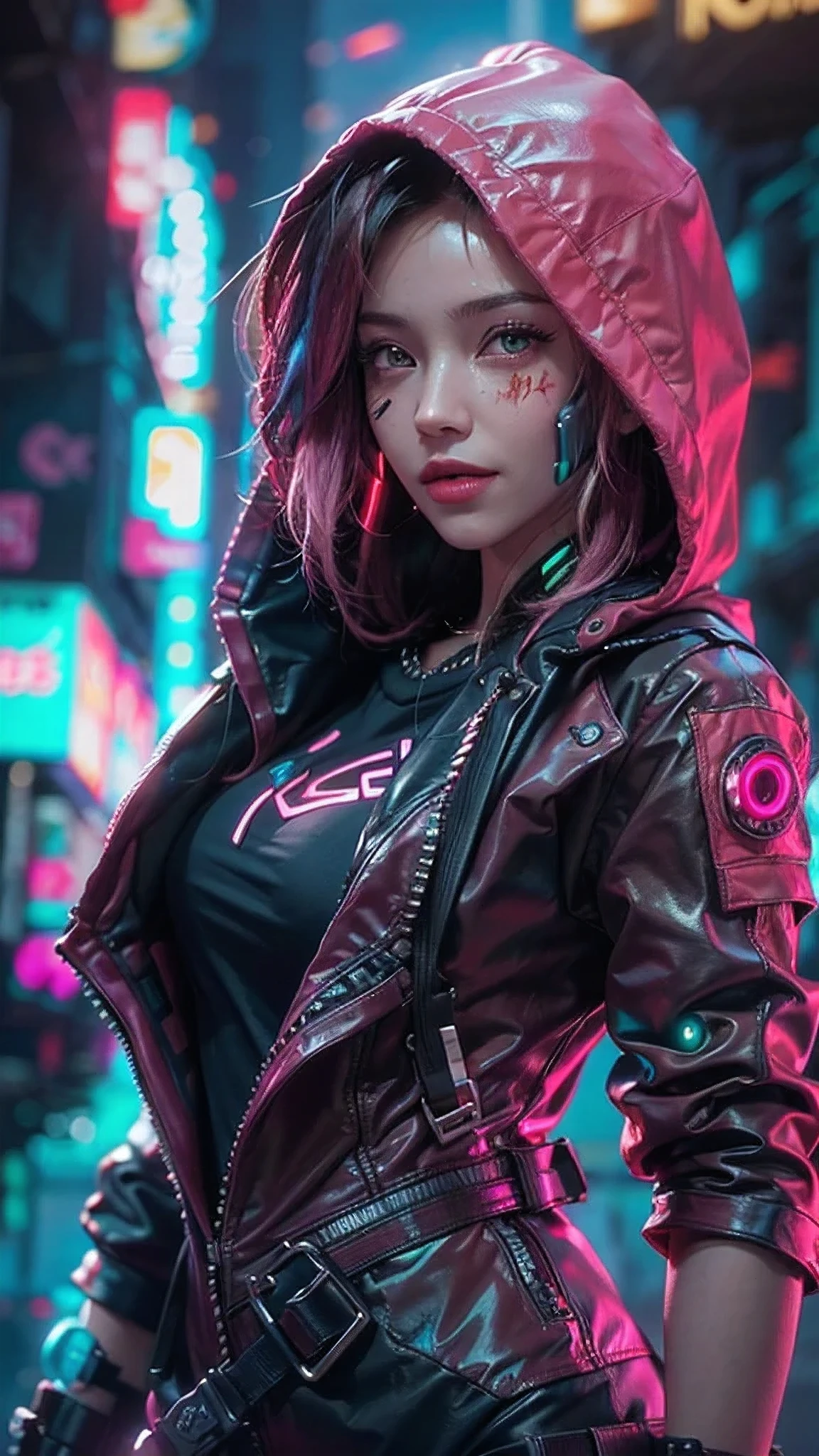 (Top image quality), (8K picture quality),(master piece), (very detailed image textures), (cyber punk perssonage),(beautiful effects), (vibrant colors), (detailed face),(detailed hair), (detailed eyes), (skin textures), (cyberpunk cityscape:1.4), (cyberpunk city landscape:1.5),vivid colors, cinematic lights, cinema shadows, sharp image, bright sprites, (pink neon lights:1.5),flashing red, lightparticle effects, 1 female, 28 years old, (beautiful:1.4), brunette hair,(dark hair:1.3+pink hair:1.2), (cyberpunk style, shiny cyberpunk hood on military uniform:1.5), (confident smile:1.2), (photo from bottom up),