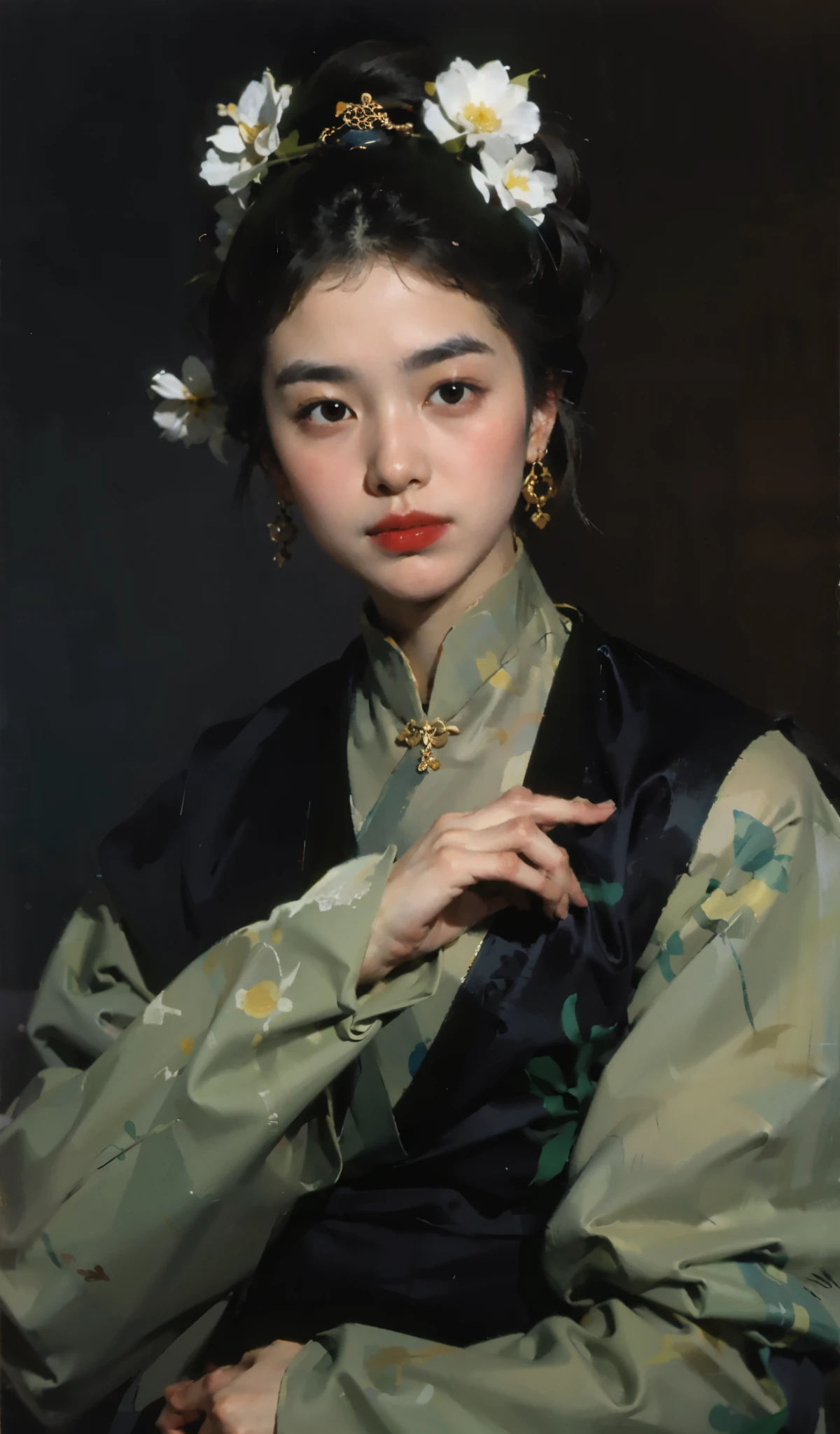 best quality，masterpiece，（painting：1.5），Pan head，hair tied up，Japanese women&#39;s hairstyle，Exquisite facial features，delicate and thin eyebrows，eyebrows are very thin，Small mouth，Little mouth，small lips，Headgear，Pan head，hair tied up，Japanese women&#39;s hairstyle，asian woman，Ancient Chinese woman，（Amy Sole：0.248），（Stanley Ategg Liu：0.106），（a detailed painting：0.353），（文艺复兴古典painting风格：0.8）