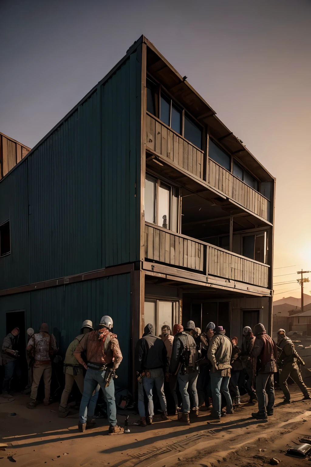 A group of people build a house on the wasteland，Harsh environment，Surrounded by a horde of zombies